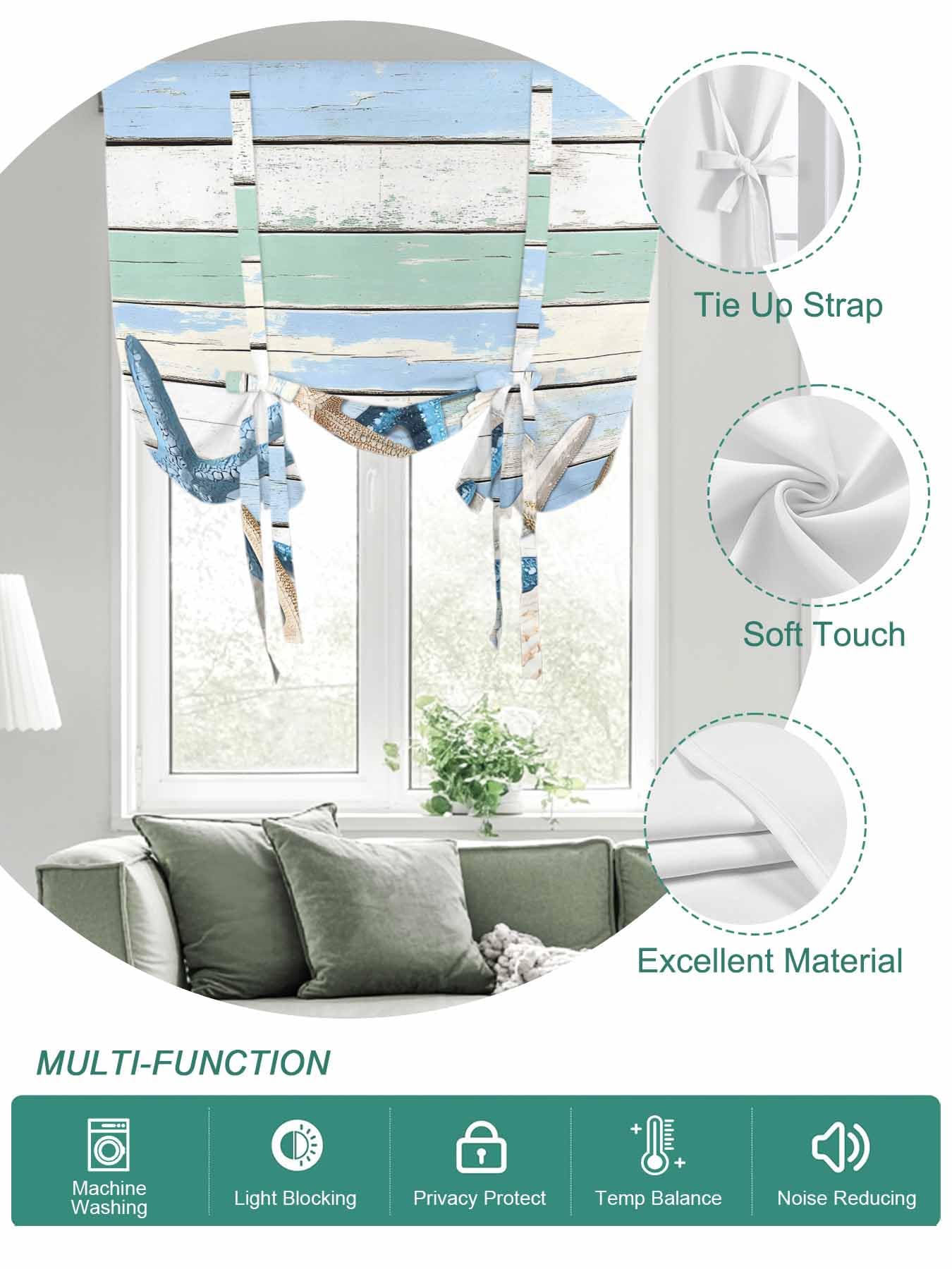 Tie Up Curtains for Windows Vintage Coastal Roman Shade 52 x 63 Inch Bathroom Curtains Window Summer Starfish Farmhouse Wooden Grain Rod Pocket Short Balloon Curtain for Living Room Kitchen Blinds