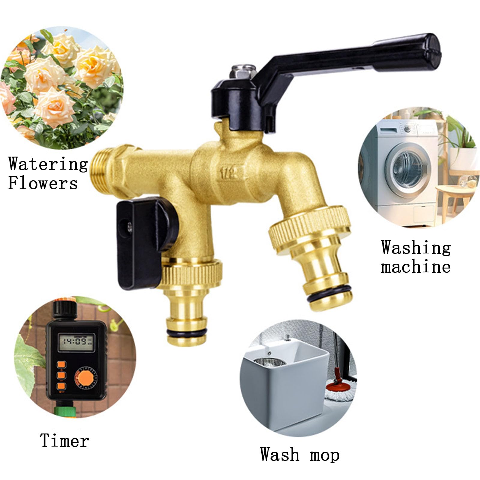 Rubinetto da esterno antiruggine e antigelo, Rubinetto a sfera in ottone a doppia uscita for giardino e esterni con ingresso da 1/2" uscite 3/4"