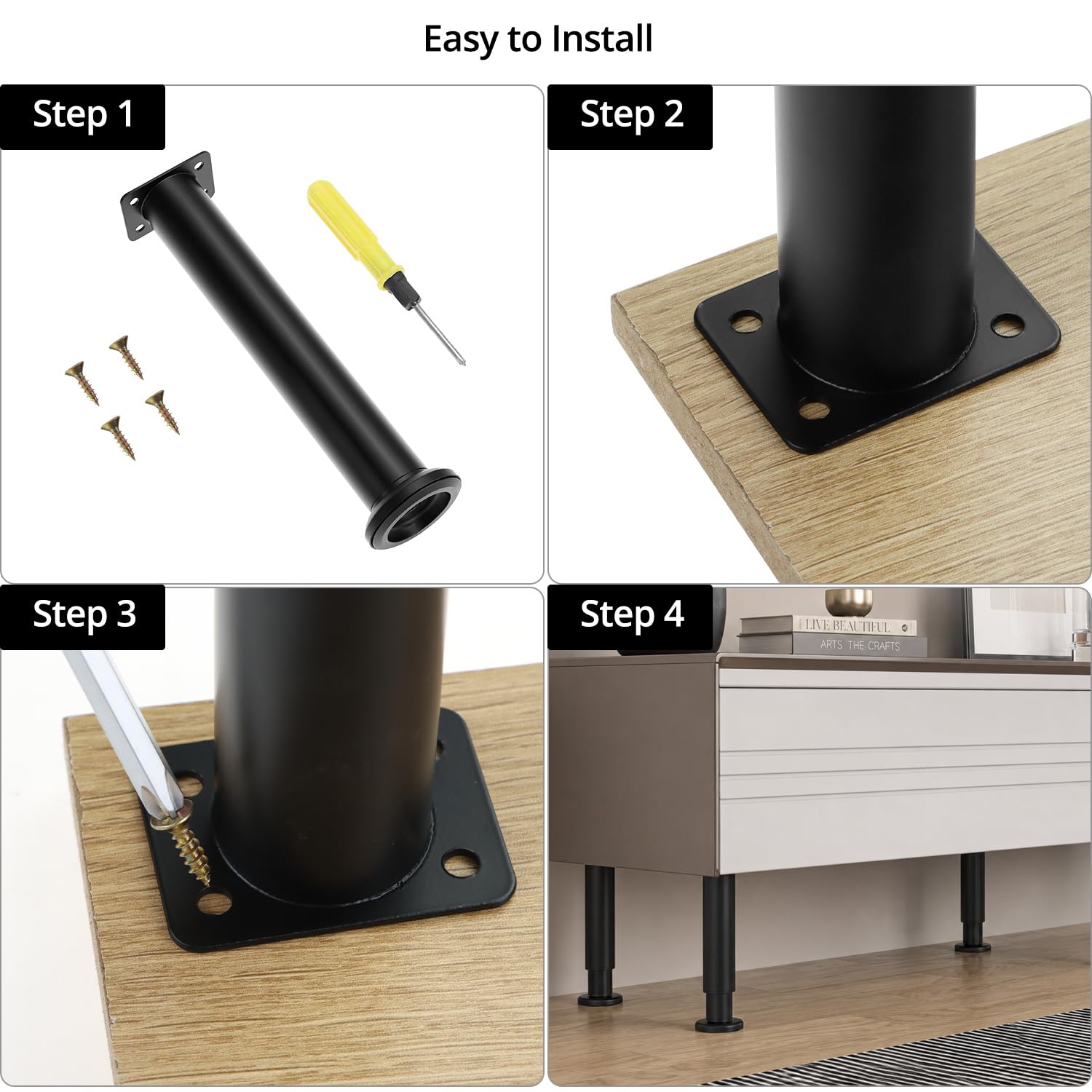 QWORK® 4 pièces Pieds de Meuble, Pieds de Meuble réglables en Hauteur 25-40 cm Noir, Pieds de Meuble avec vis, pour canapé, lit, Armoire