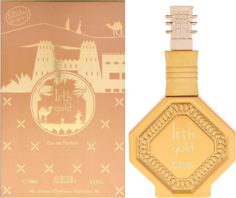 Nabeel Master Perfumer Collection - Irth Gold - Colonia árabe para hombres - Fragancia de larga duración con canela, menta, rosa, vainilla, aroma a cuero - Perfume árabe - Tamaño de viaje - 3.3oz EDP Spray
