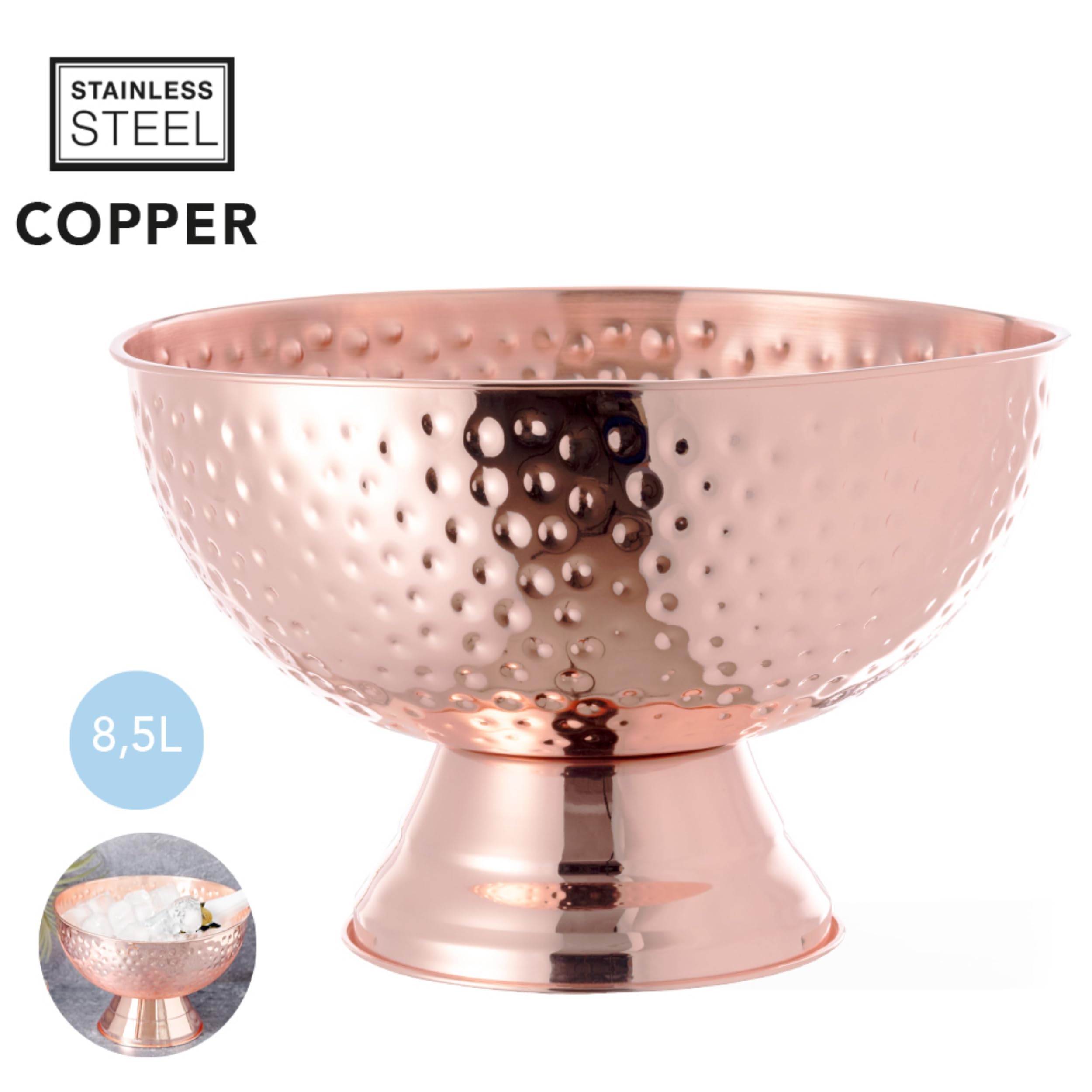 Enfriador de champán grande de acero inoxidable con revestimiento de cobre galvanizado, 8,5 litros, volumen 35 cm de diámetro
