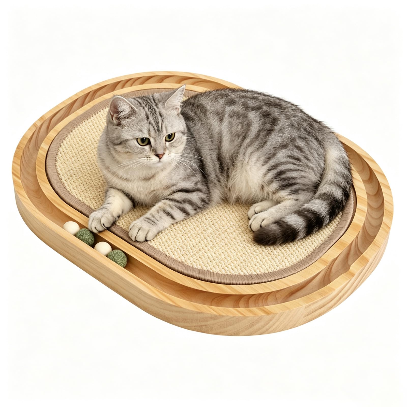 HLSM KJ - Rascador de sisal para gatos, almohadilla rascadora de sisal Natu, bola de juguete interactiva de madera para gatos, bola de hierba gatera, para perseguir gatos, caza, rompecabezas de