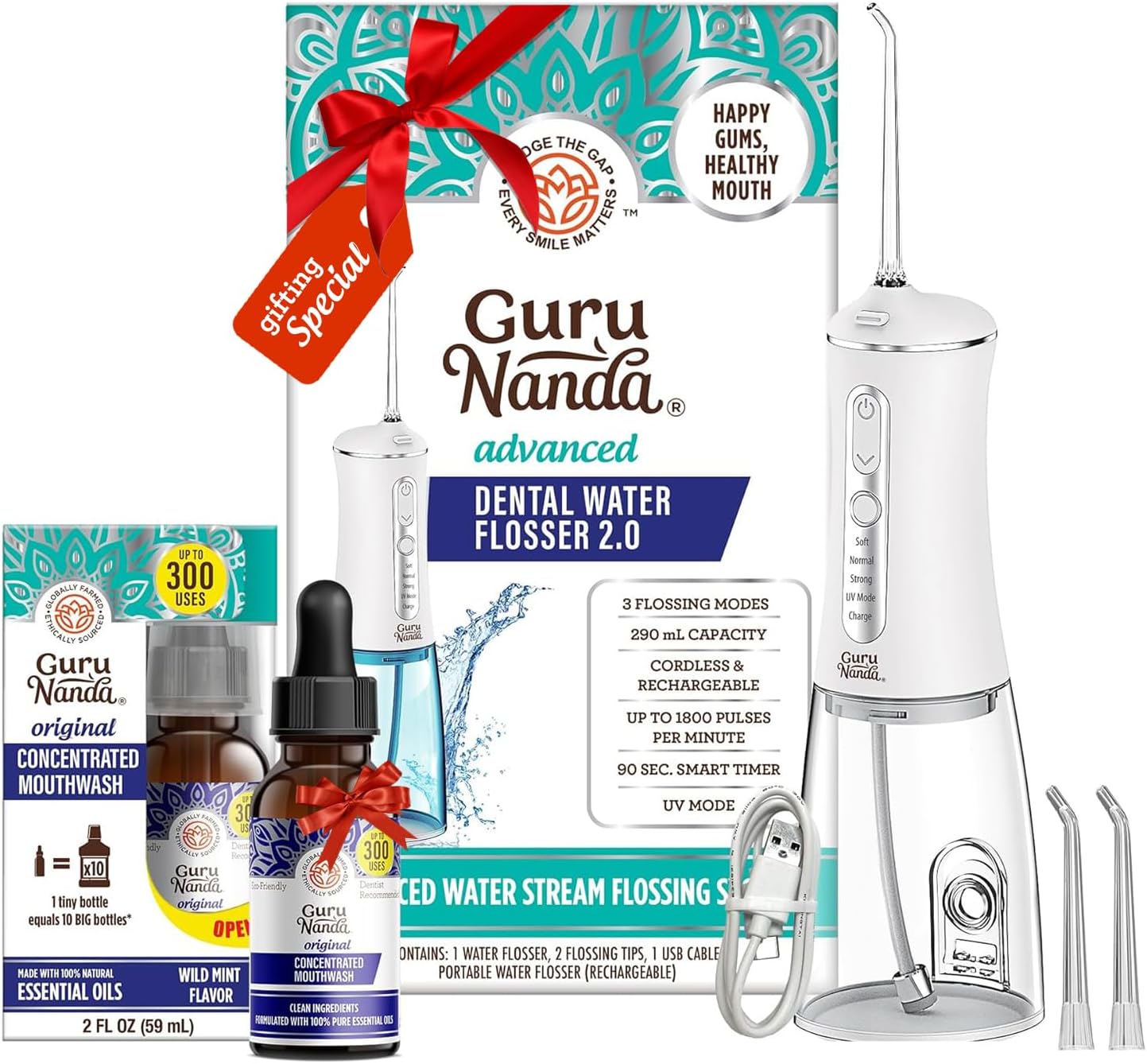 GuruNanda Advanced Water Flosser 2.0 with UV Mode & Concentrated Mouthwash Duo – Fresh Breath & Thorough Plaque Removal for a Brighter Smile