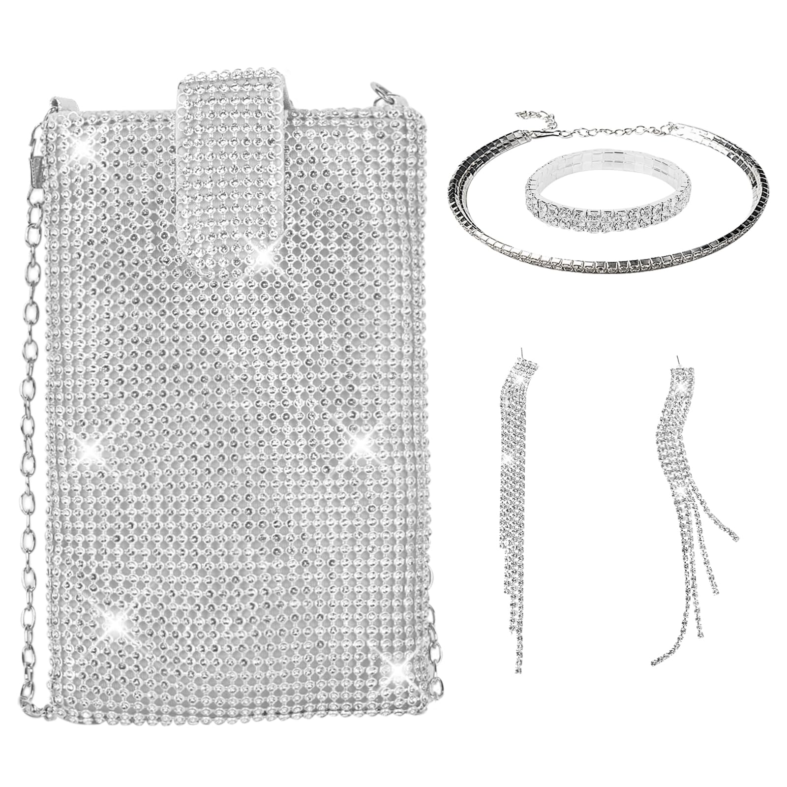 QZUnique Rhinestone/Sequin Bucket Bag with Jewelry Set Women Silver Bling Evening Handbag Glitter Diamond Cell Phone Purse