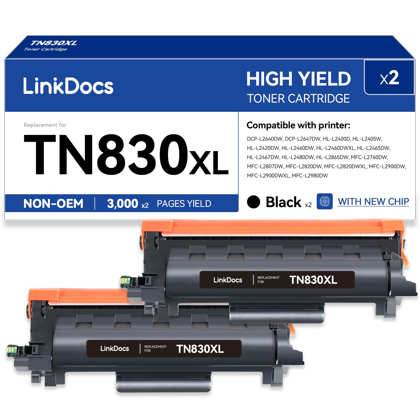 LinkDocs TN830XL Toner Cartridge Compatible Replacement for Brother 830XL TN830 TN830XL Work with Brother HL-L2460DW DCP-L2640DW HL-L2400D HL-L2405W MFC-L2820DW Printer (Black, 2PK)
