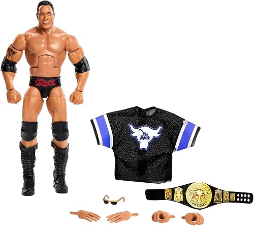 Mattel WWE the Rock Elite Collection Figura de acción, articulación de lujo y detalles realistas con accesorios icónicos, 6 pulgadas