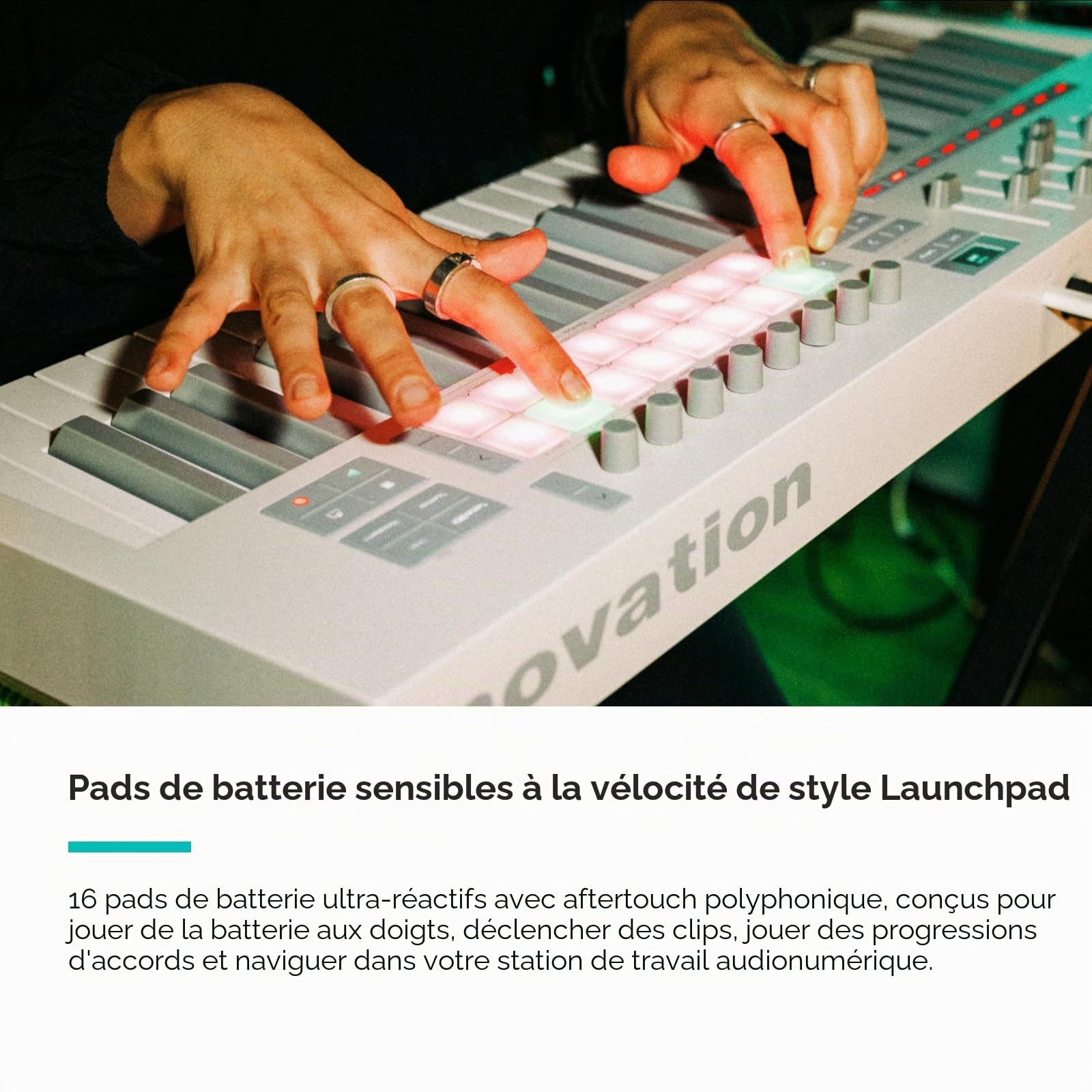 Novation Launchkey 49 White MK4 Clavier Maître USB MIDI | USB, 49 touches semi-lestées, blanc, 16 pads avec aftertouch polyphonique, 9 faders, molettes de pitch/modulation, écran OLED