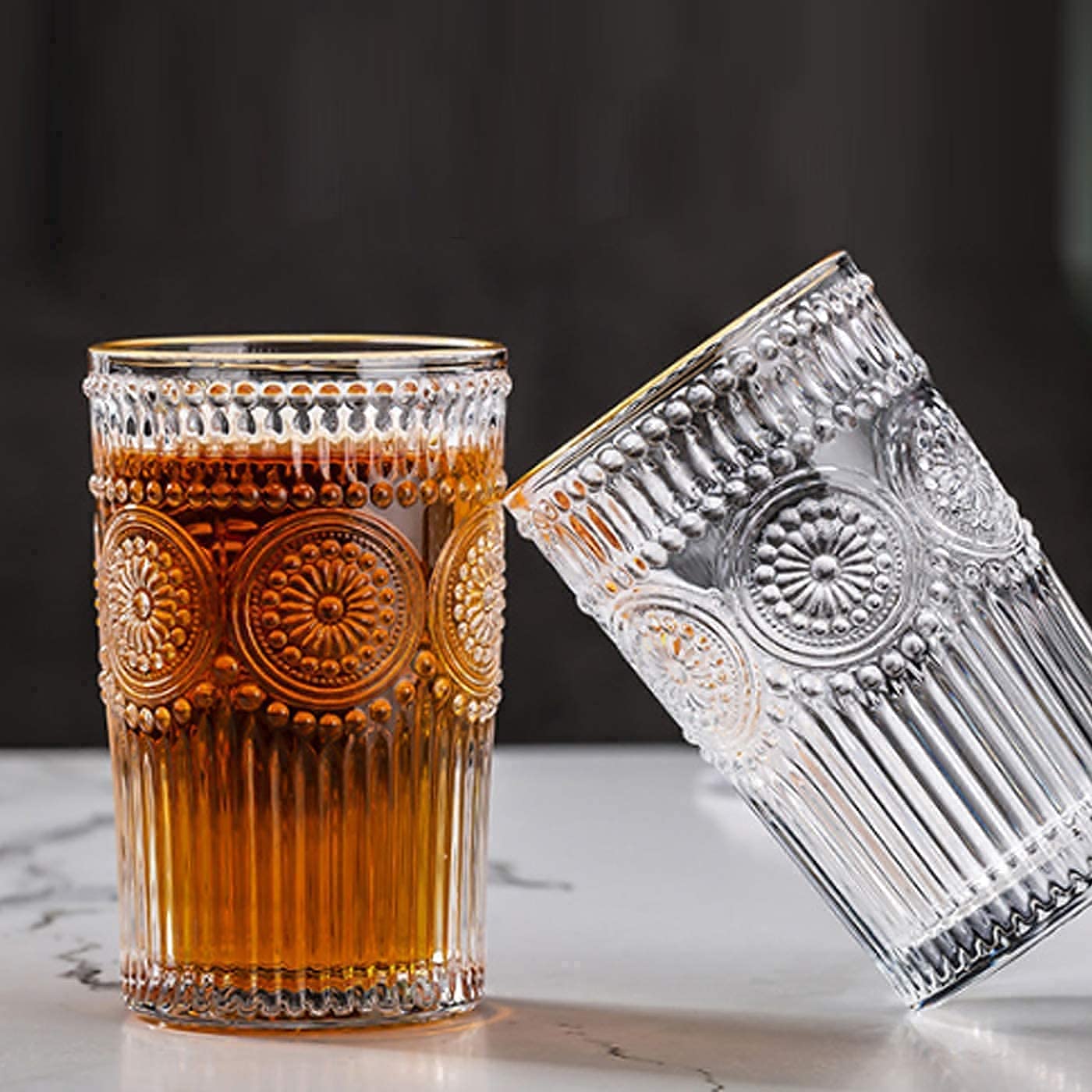 Beau Enterprise Embossed Drinking Glass Gold Rim Water Tumblers Baroque Clear Crystal Unleaded Wine Milk Juice Coffee Glass for bar Makeup Brush/Pen/Pencil/Toothbrush Holder 380 ml (2)