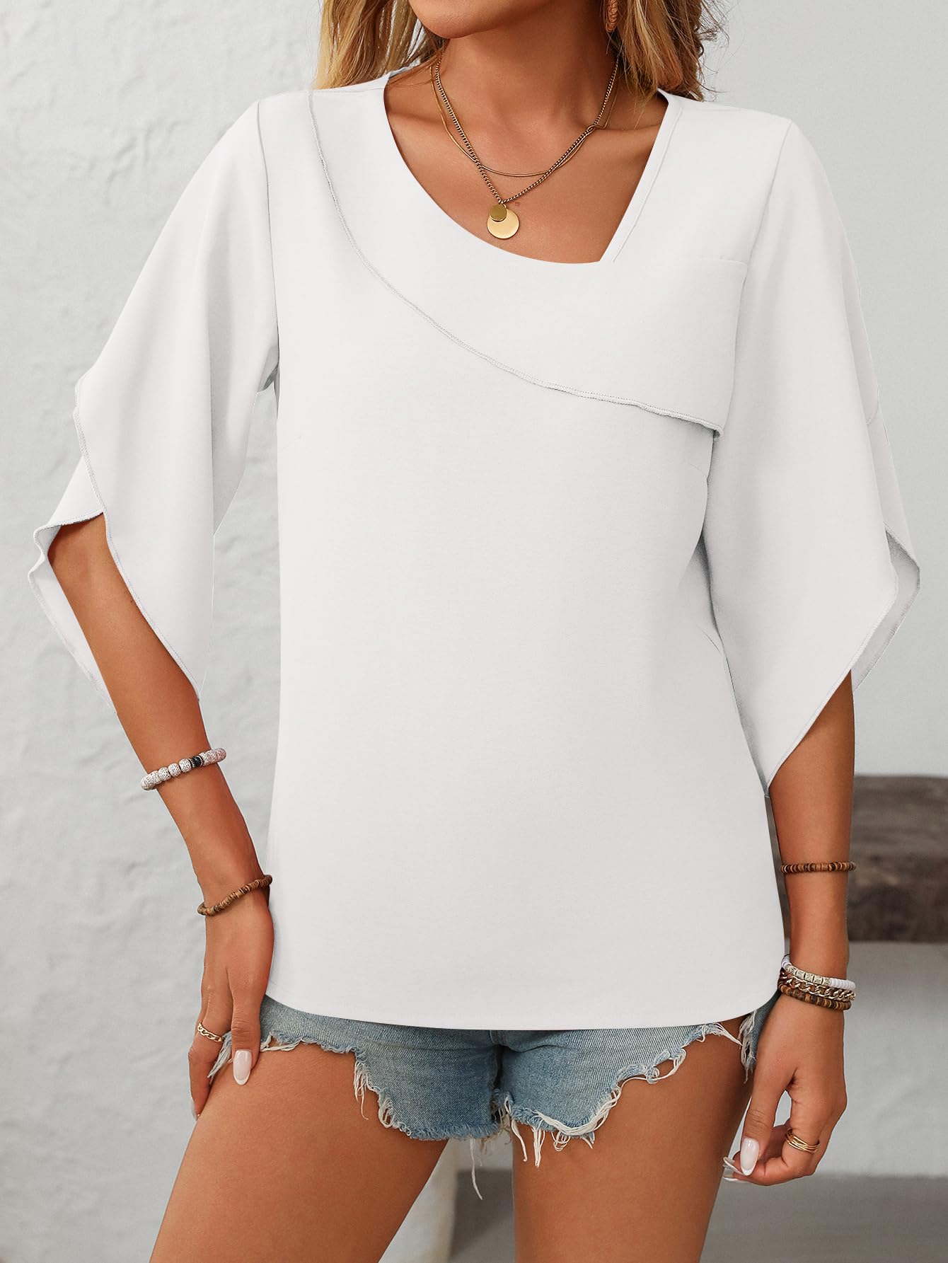 Camicetta da donna in chiffon, maniche a 3/4, elegante, scollo a V, per feste, abbigliamento tunica, camicette da donna