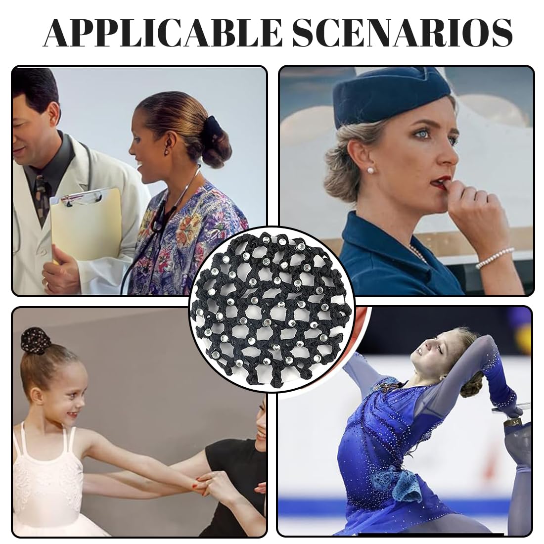 4 pezzi Chignon Retina per Capelli Chignon Bambina con Perline Retine per Capelli,Reti per Capelli Danza,Reti per Capelli Stretch Per Infermiera Assistente di Volo Balletto(nero, bianco)