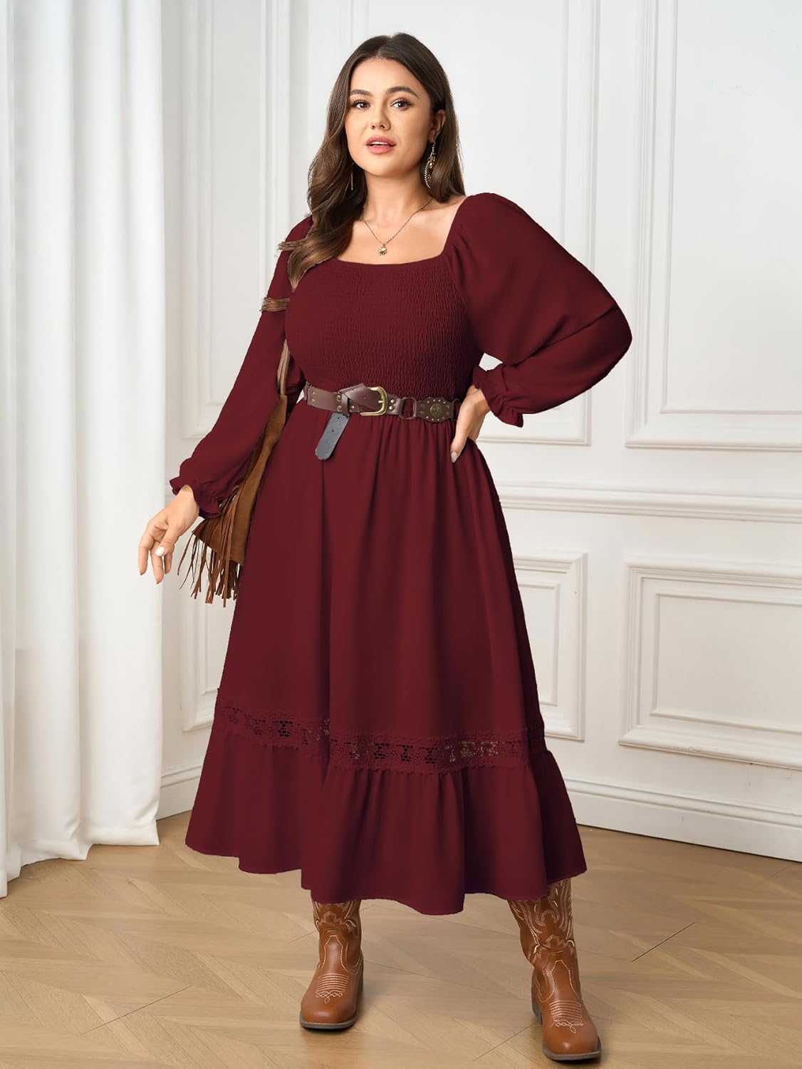 SCOMCHIC Womens Plus Size Fall Dresses Long Sleeve Square Neck Wedding Guest Smocked Flowy Boho Country Western Maxi Dress - Image 5