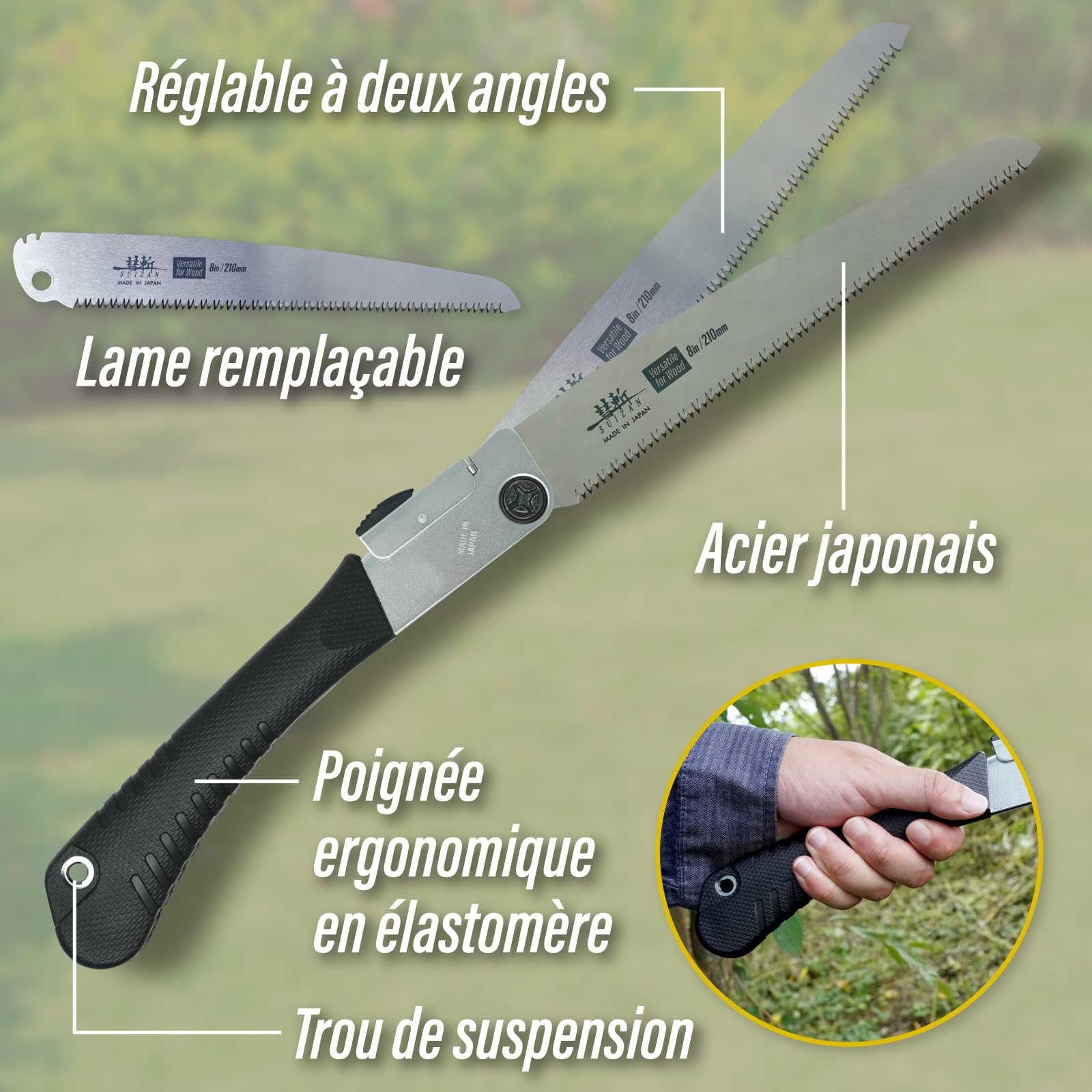 SUIZAN Scie pliante japonaise 210mm polyvalente bois - Compacte Extérieur | Professionnel Pliable Portable Traction Camping Bushcraft Survie Élagage Branches Bûches Jardin Menuiserie Bricolage