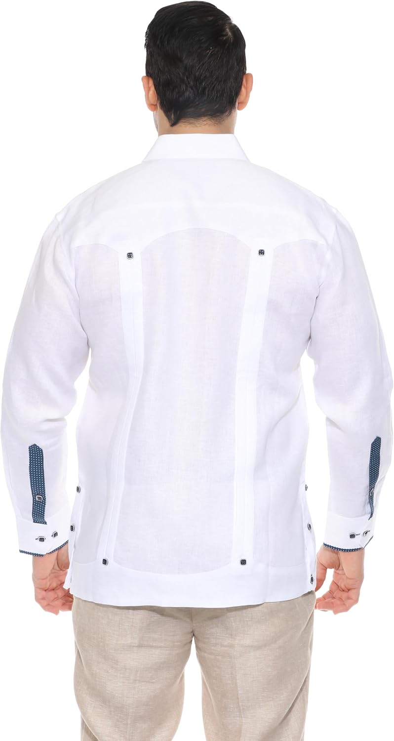 Mojito Men's 100% Linen Guayabera Shirt Long Sleeve with Pop-Color Pocket Trim - Image 7