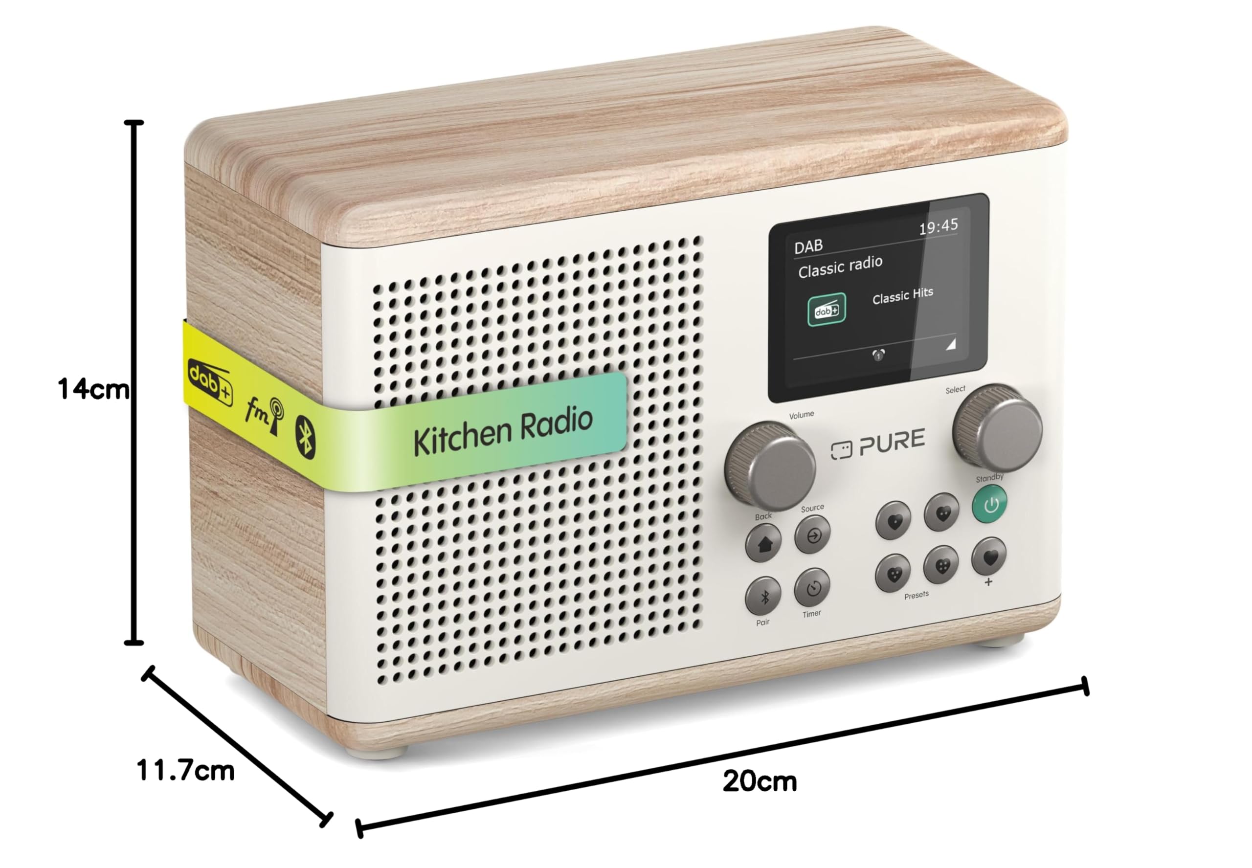Pure Classic H4 Radio de Cuisine numérique (Dab+/FM, Bluetooth, USB, AUX, minuterie de Cuisine, Alarme), Blanc Coton/Chêne