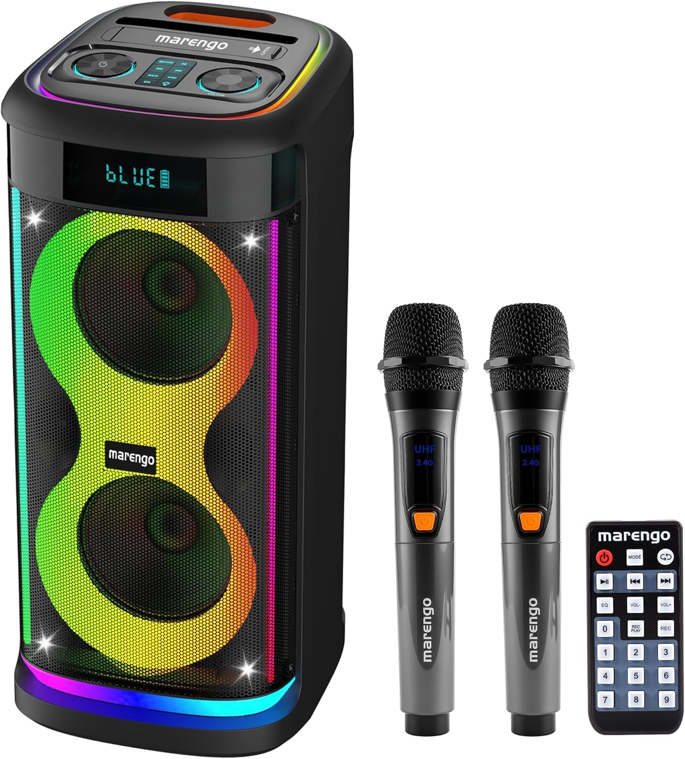 - Marengo Karaoke Machine for Adults, Portable Bluetooth Speaker with 2 Wireless Microphones 500W(Peak), RGB Light Show, 10H, TWS Party Speaker for Party Indoor Outdoor Backyard-Supports USB/AUX/Mic-in