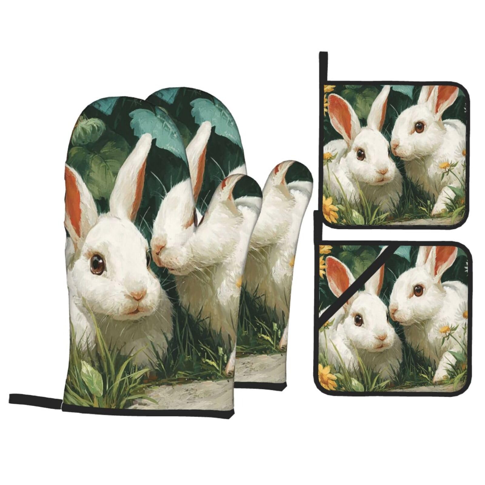 Oven Mitts and Pot Holders Sets of 4 Heat Resistant Oven Gloves Hot Pads green Bunny Oven Mitts Non-Slip Kitchen Mitts Potholders for Cooking Baking BBQ Grilling