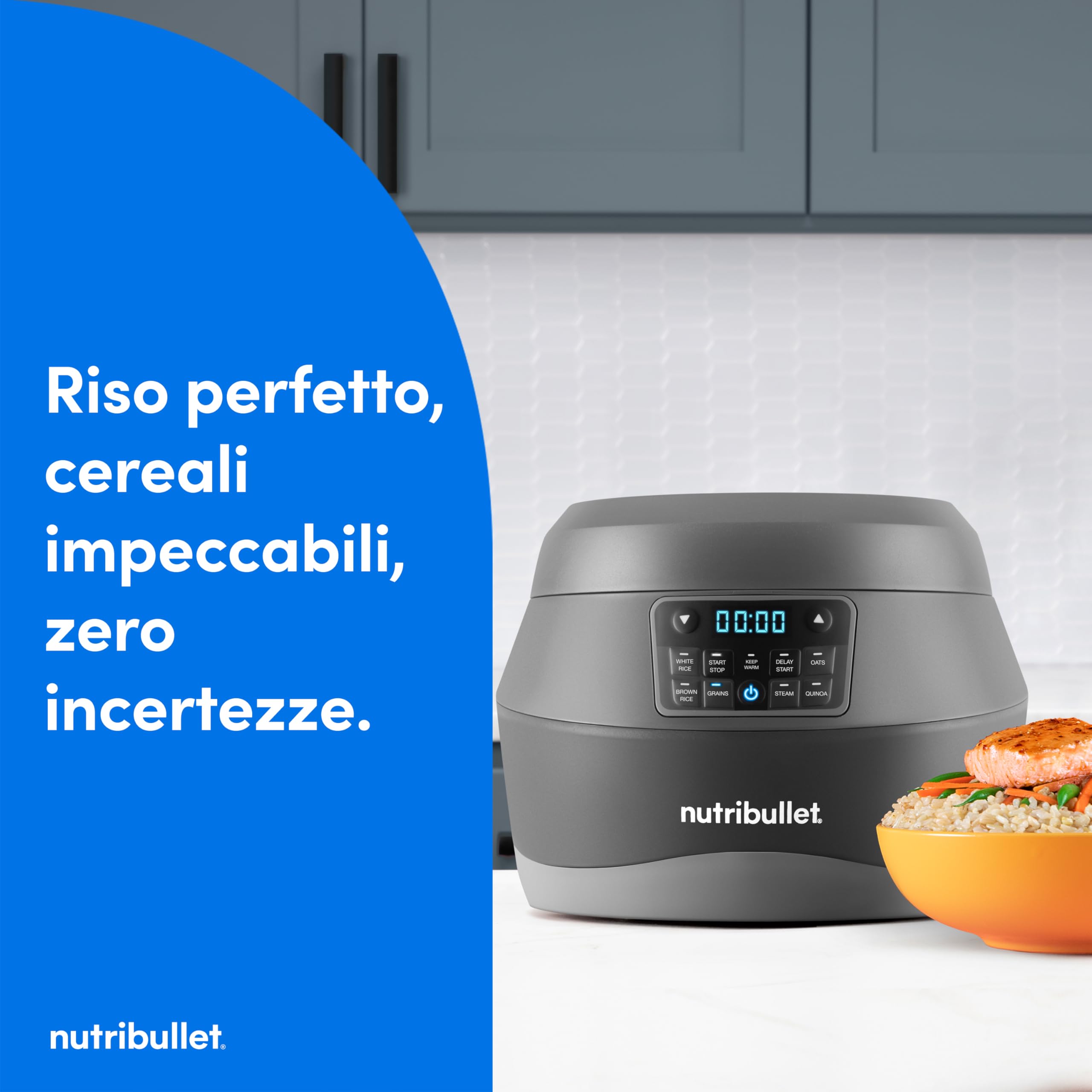 nutribullet EveryGrain Cooker - Cuociriso Multifunzione, Vaporiera Riso e Cereali, 10 Tazze, con 5 Programmi Automatici, Funzione Mantieni Caldo 12h, con Cucchiaio e Cestello, 600W, Grigio (NBRC605DG)