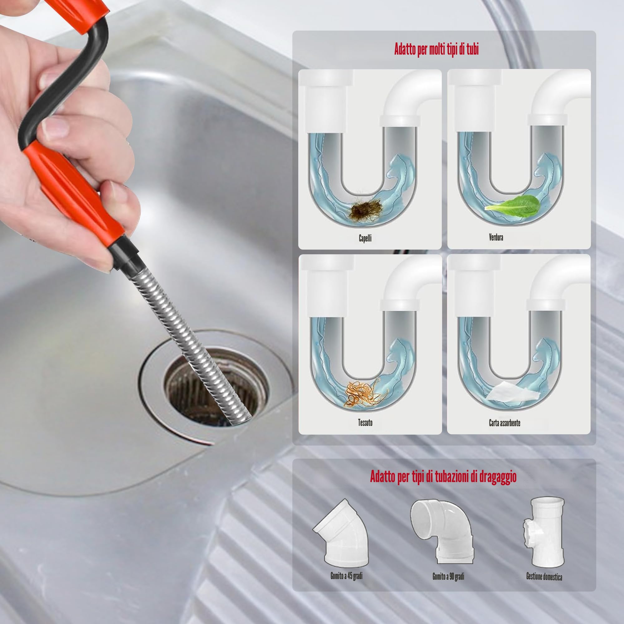 JAADU Stura Lavandini e Scarichi,Sonda Sturatubi Professionale（5 m x 6 mm）Stura Tubi di Scarico, Stura wc Stura Lavandini Per La Pulizia Delle Tubature di Cucina e Toilette Furetto
