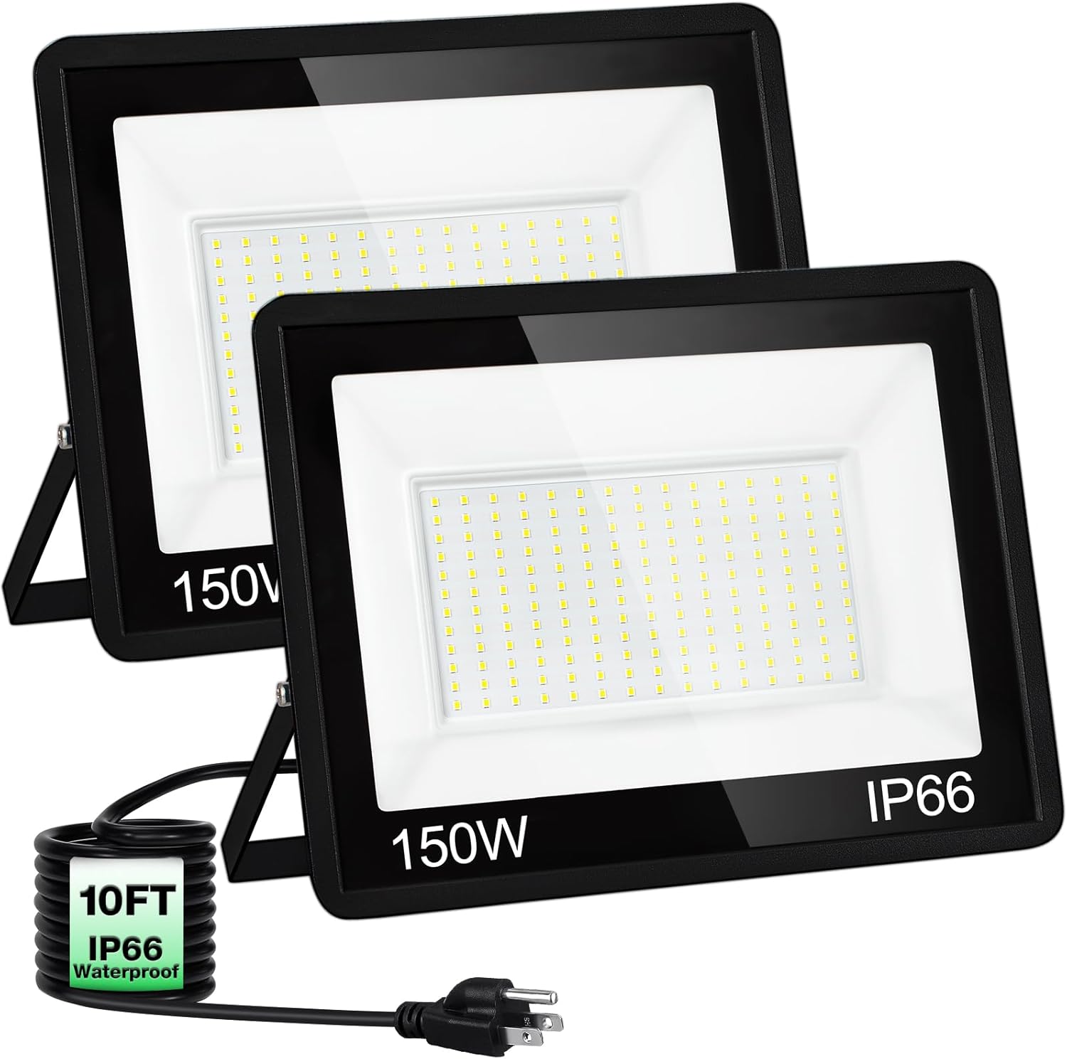 150W LED Flood Light, 18000LM Outside Lights for Yard Plug in Durable IP66 Waterproof 6500K Daylight White Outdoor Security Lights for Garage Lawn Garden Backyard Patio with 10FT Cord, 2 Pack