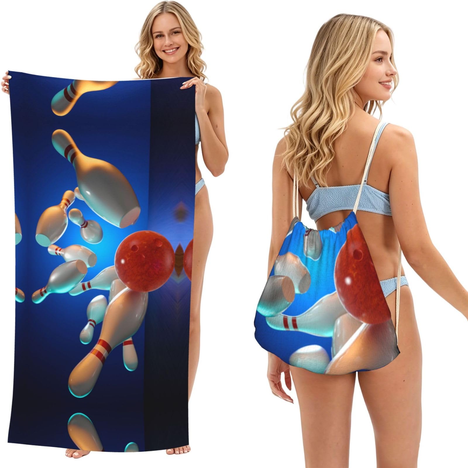 ESNAIUVCD Bowling Ball Print Beach Towel For Adults,Towel With Drawstring Bag, Travel Pool Swimming Sports Shower Sand Free Quick