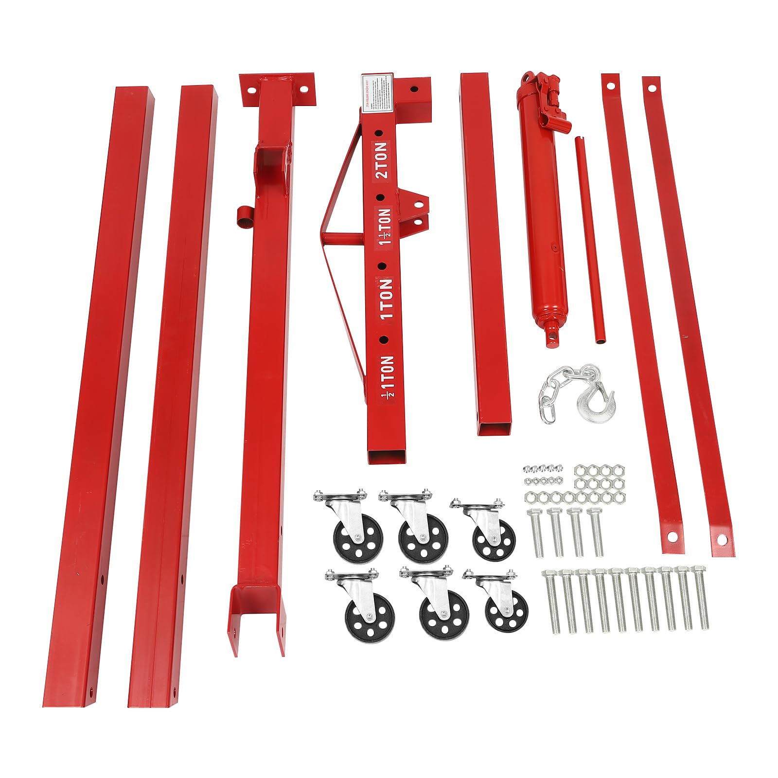 Grúa de elevación de motor 2T plegable, grúa de taller con ruedas, elevador hidráulico hasta 2,1 m de altura de elevación, elevador de carga de acero para garaje y taller (Rojo)