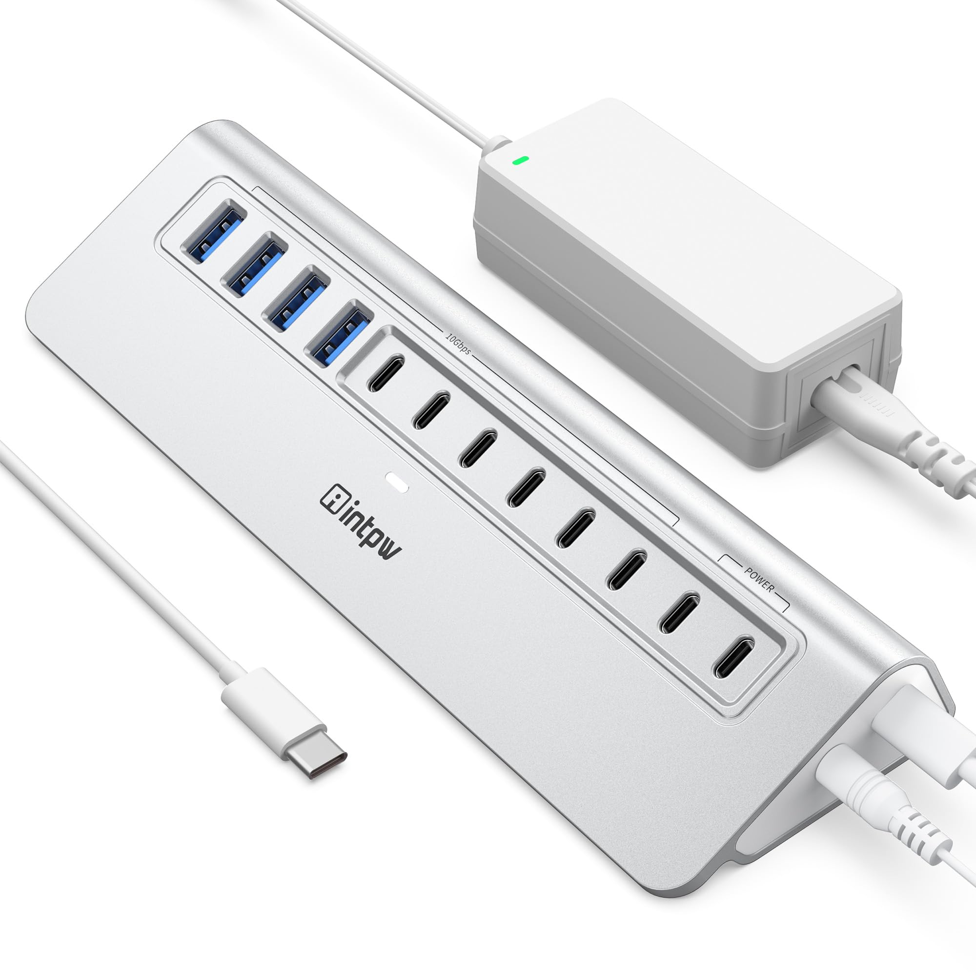 Powered USB Hub 10Gbps, intpw 12-Port USB 3.2/USB C Hub (4 x USB-A 3.2 + 6 x USB-C 3.2 10Gbps + 2 x PD 45W Fast Charging Ports for iPhone 17/16), 3Ft Cable, Aluminum USB Hub for PC/Laptop/MacBook Neo