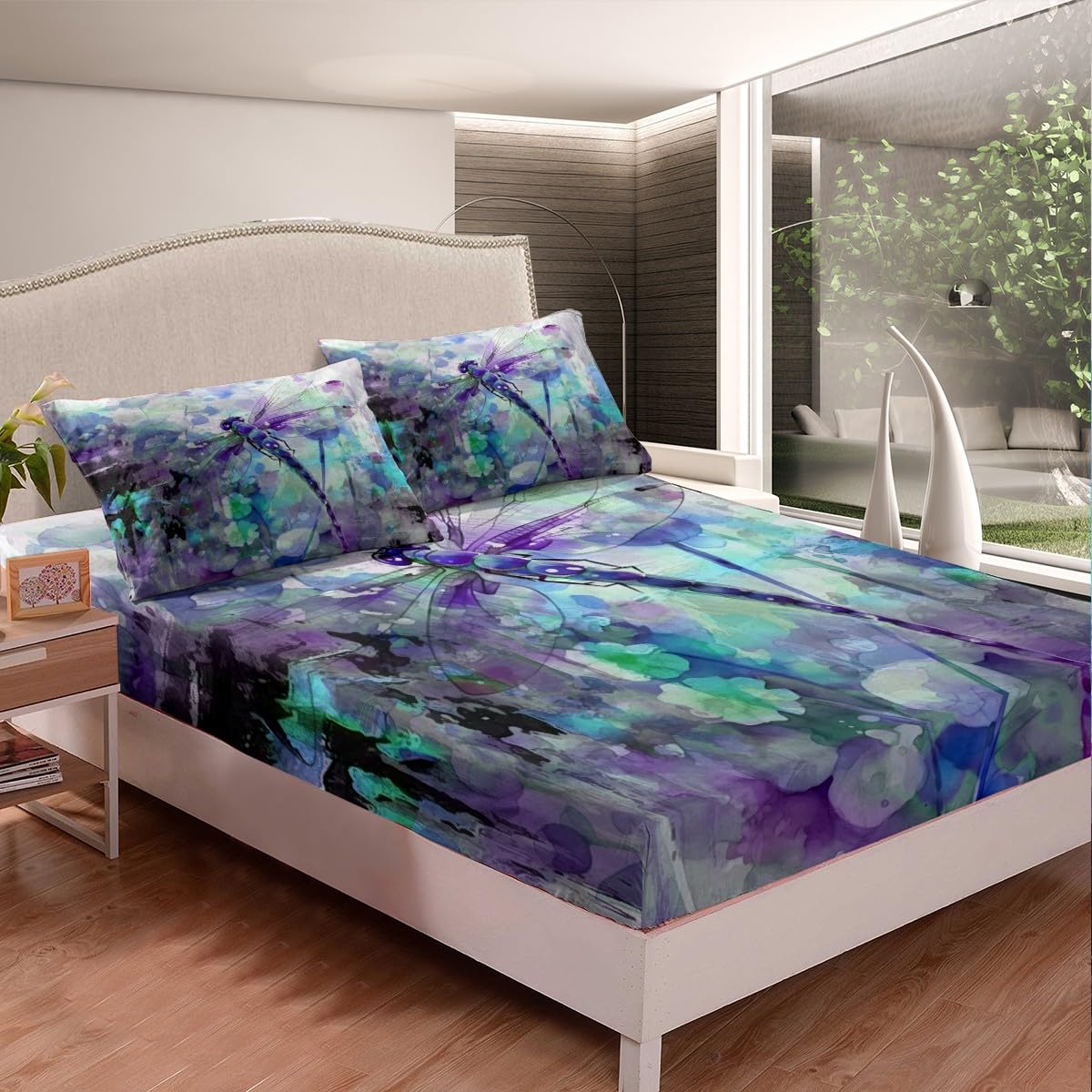 Dragonfly Bed Sheet Set Twin Size Abstract Fitted Sheet for Kids Boys Girls Modern Art Bedding Set Romantic