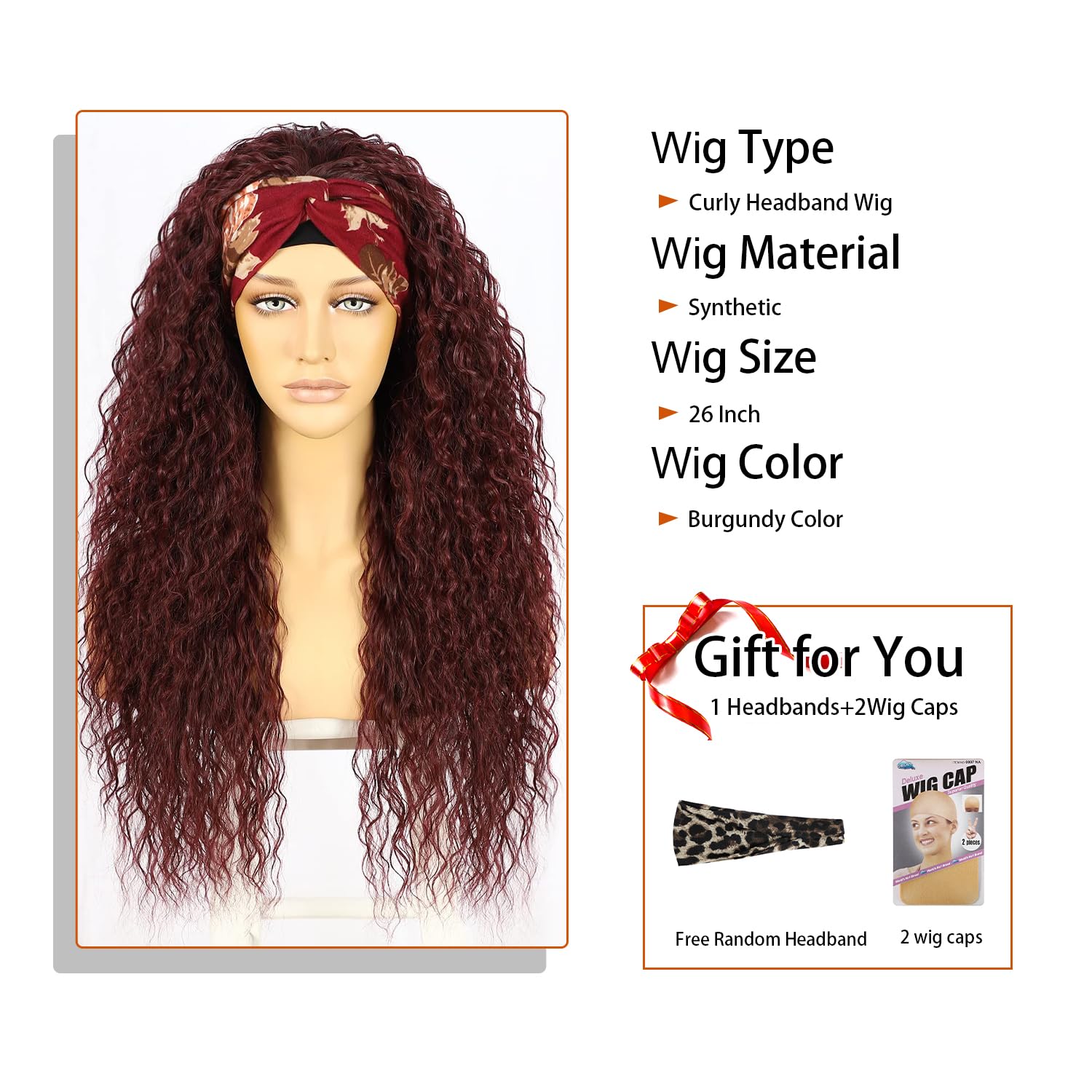 SOMIARIK Headband Wigs for Black Women Long Curly Synthetic Burgundy Wine Red Wig Glueless Hair None Lace Front Wigs Machine Made Headband Wigs 130% Density 26 inch - Image 3