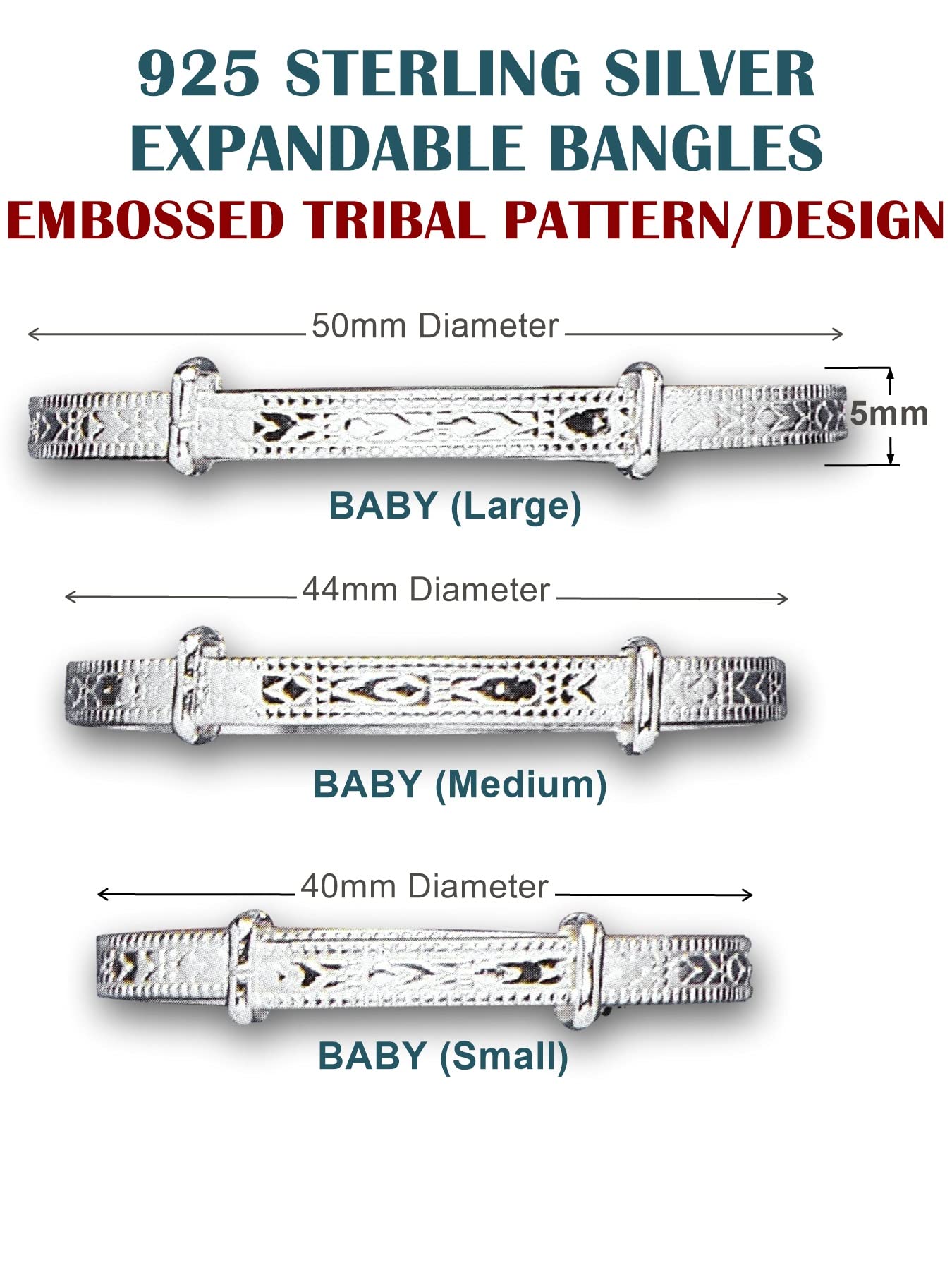 Braccialetto per bambino con rilievo, espandibile, rigido in argento Sterling 925 – disponibile in 3 misure – Scatola/sacchetto regalo, Argento, colore: Large - Baby, cod. BN27207ID-LL-BANG
