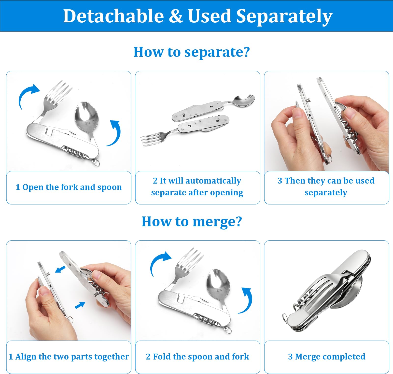 6 in 1 Posate da Campeggio Pieghevoli Acciaio Inox, Set Posate Multifunzione con Coltello, Cucchiaio, Forchetta, Apribottiglie e Pennello BBQ, Posate Trekking, Survival Outdoor, Picnic