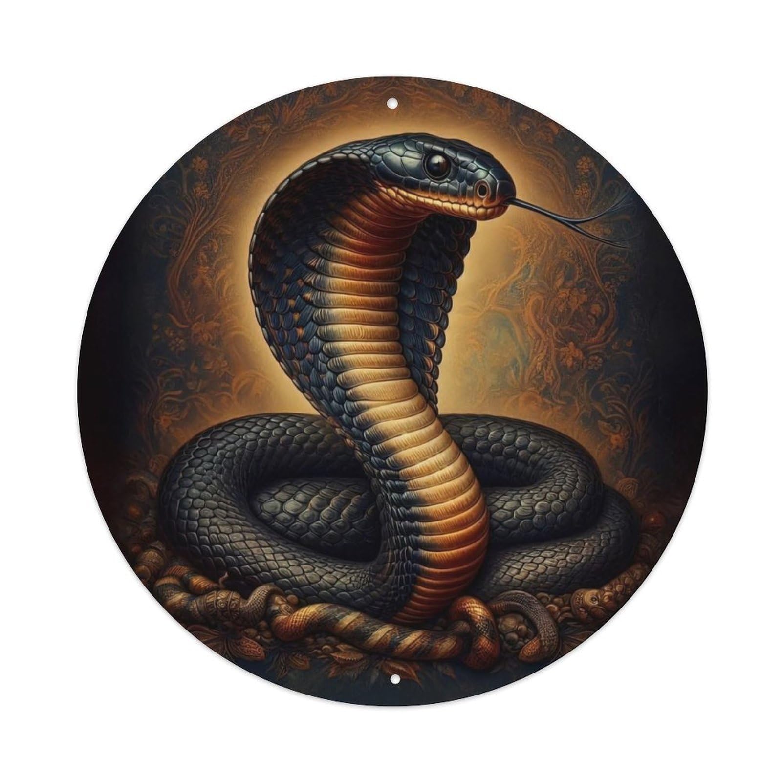 Vintage Cobra Serpent Wildlife Illustration with Golden Botanical Motifs Vintage Metal Tin Sign Plaque Wall Decor for Cafe, Club Bar, Office, Garden Metal Poster 8x8Inch