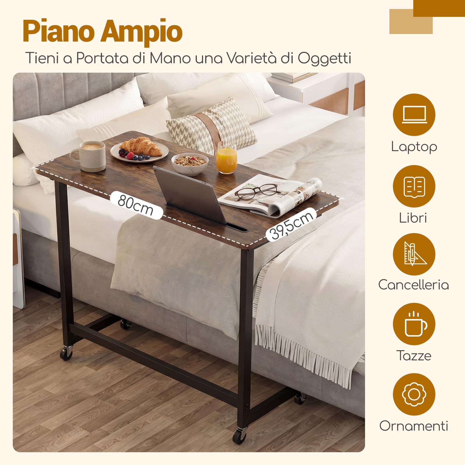 COSTWAY Tavolino da Divano e Letto, Tavolino Servitore con Ruote Bloccabili e Fessura per Tablet, Tavolo a Vassoio Salvaspazio con Struttura in Metallo per Mangiare, Lavorare e Studiare