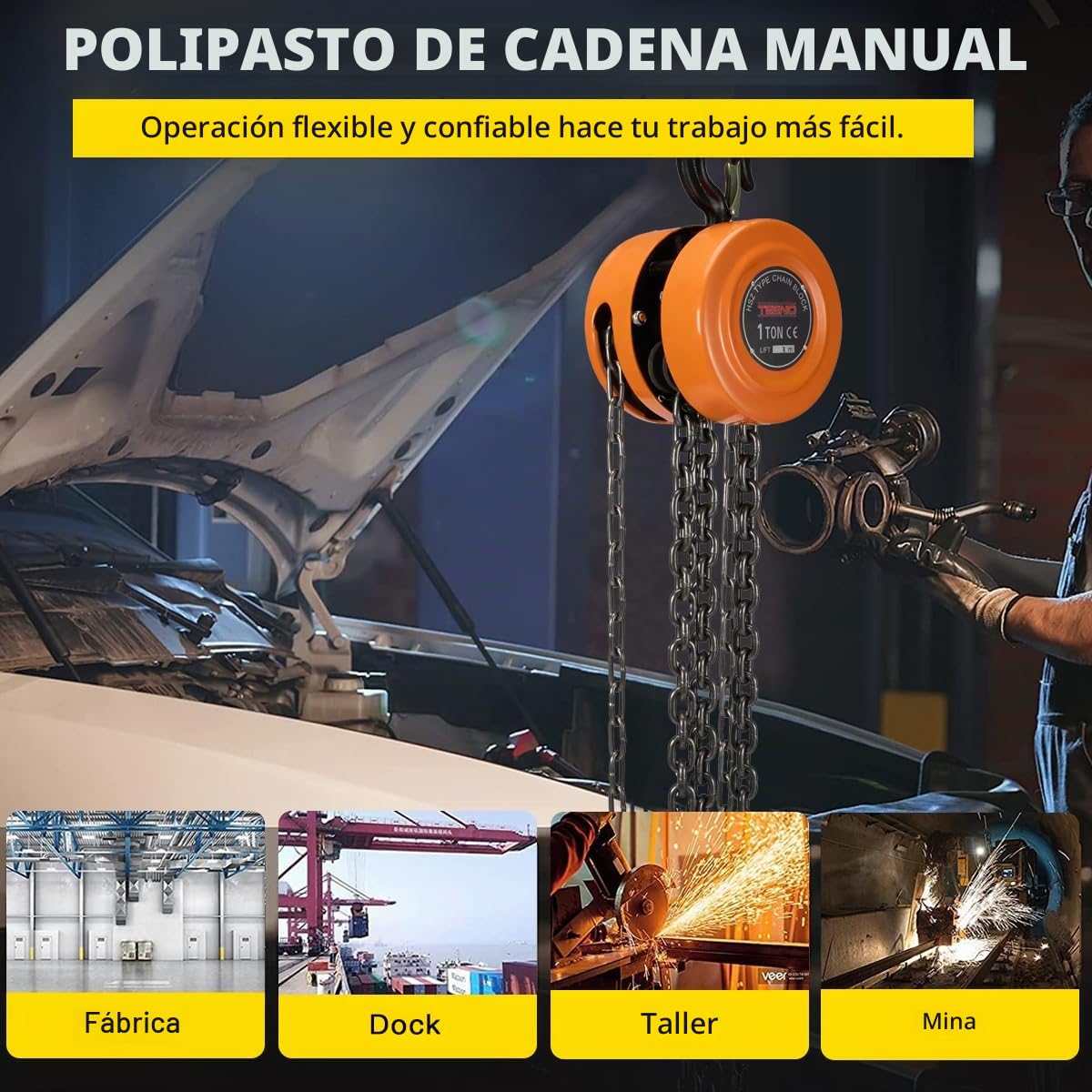 Polipasto Manual de Cadena TEENO, Polipasto con Gancho Robusto, 1000 kg, 3 m de Elevación Máxima, Cadena G80, Naranja (1 T 3,0 M)