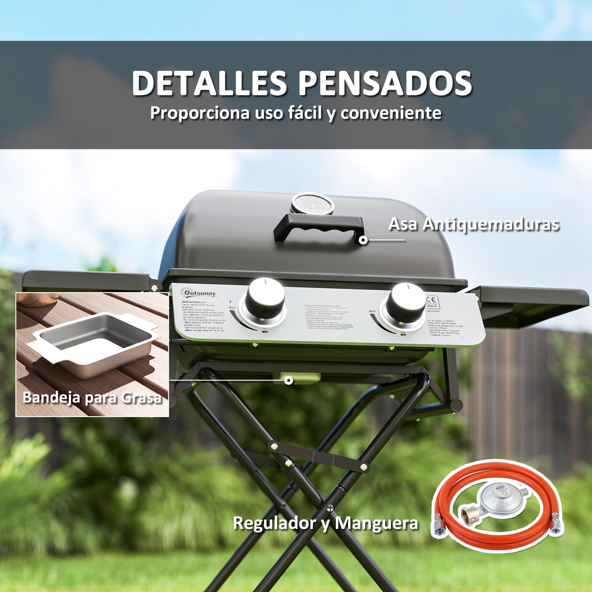 Outsunny Gasgrill mit 2 Edelstahlbrennern, 2,8 kW, tragbarer Grill, zusammenklappbar, mit Seitentischen, abnehmbarem Tablett, Thermometer und 2 Rollen für Picknick, Camping, 101 x 50 x 102 cm, Schwarz