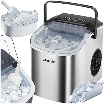 tectake Ice Maker with 1.2 Litre Tank, 2 Sizes of Selectable Cubes, Steel, Self-Cleaning, with Handle, Ice Machine, Small Appliances - Silver