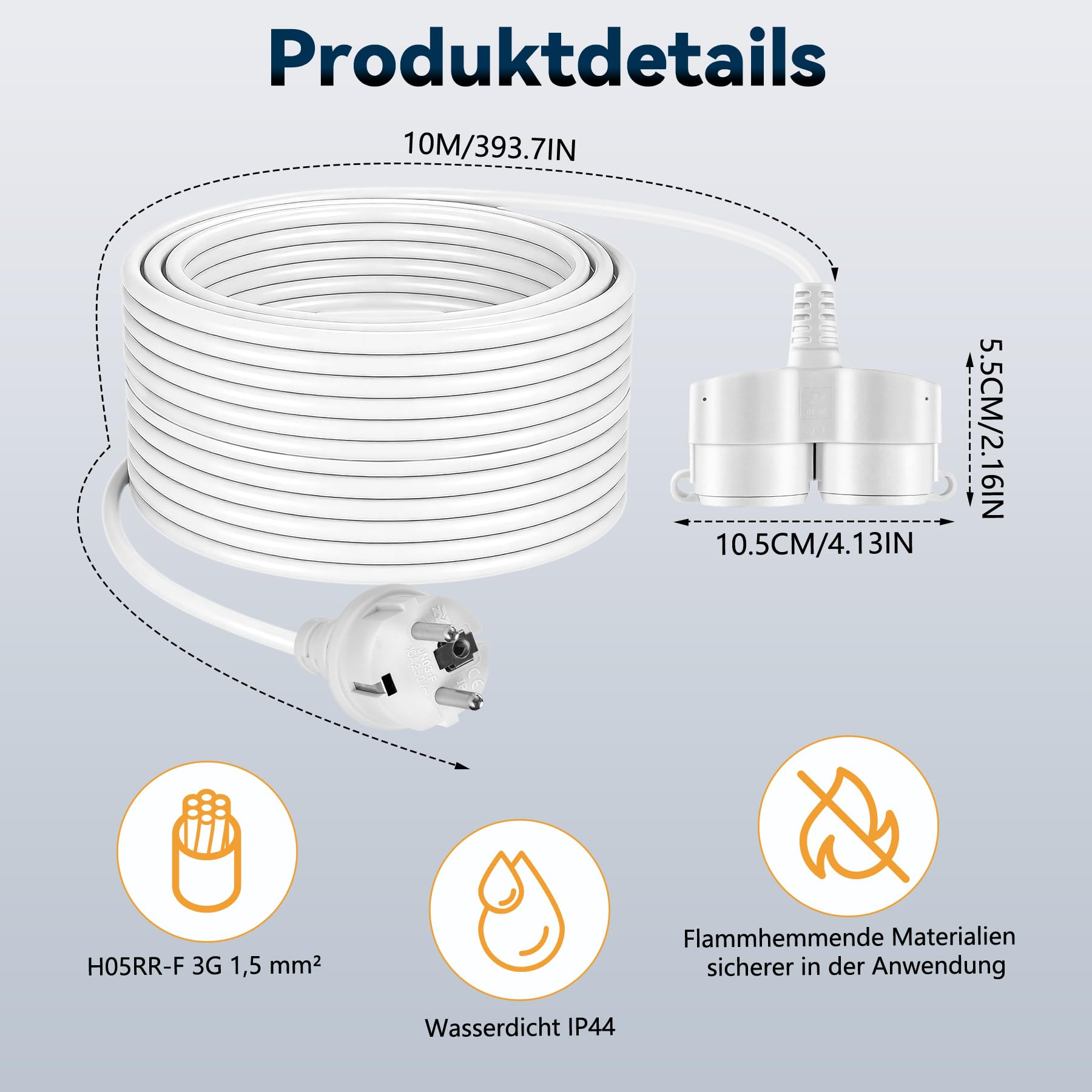Stromkabel Verlängerung, Aussensteckdose wasserdicht mit 2 Steckdosen und Staubschutzabdeckungen, Steckdosenverlängerung für Innen und außen,Max 3500W/16A 250V,IP44, 10M Stromkabel(Weiß)