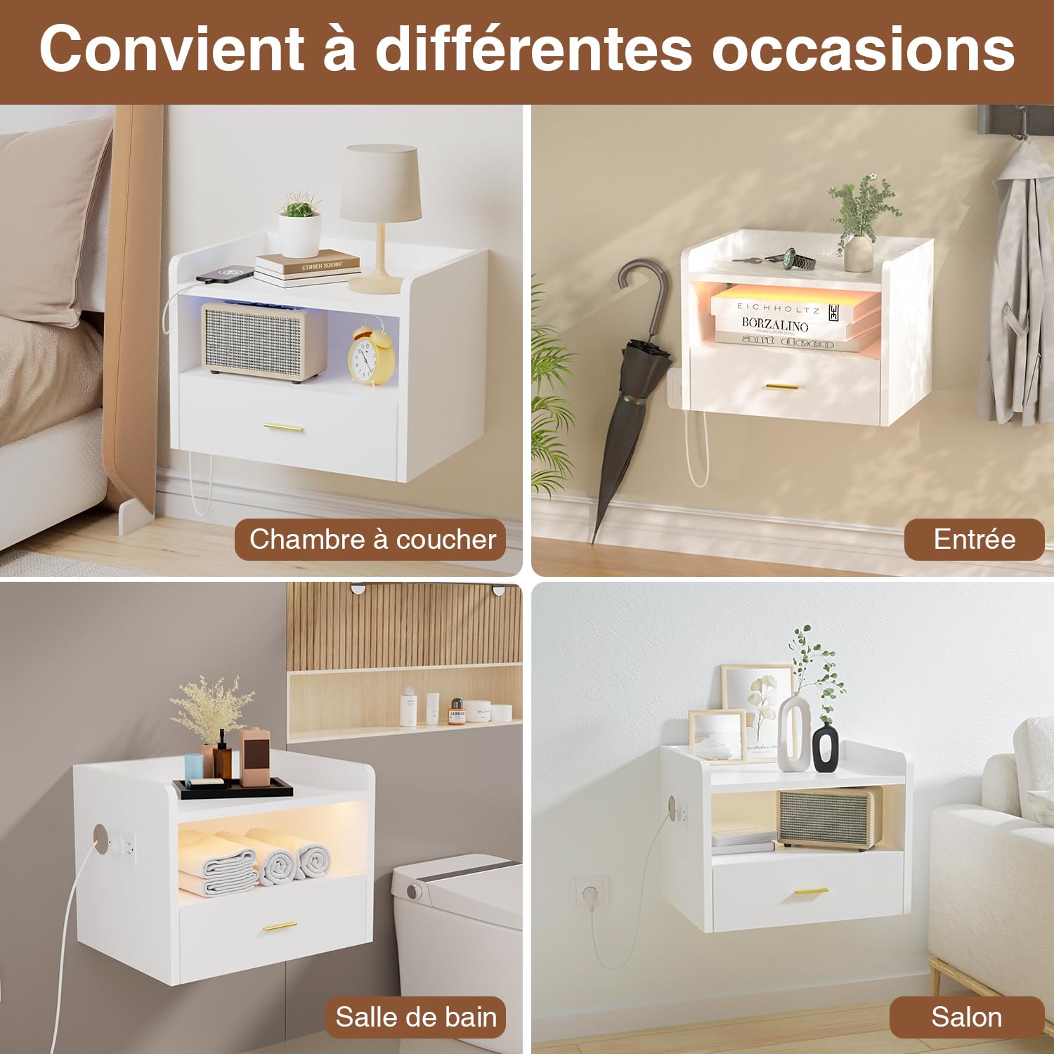 Table de Chevet Lot de 2 Suspendue avec éclairage LED RGB et 1 Prise Secteur/2 Ports USB, Table de Nuit Suspendue avec 1 Tiroir et 2 étagères Ouvertes, 40 x 30 x 30 cm, Convient aux Chambres(Blanc)