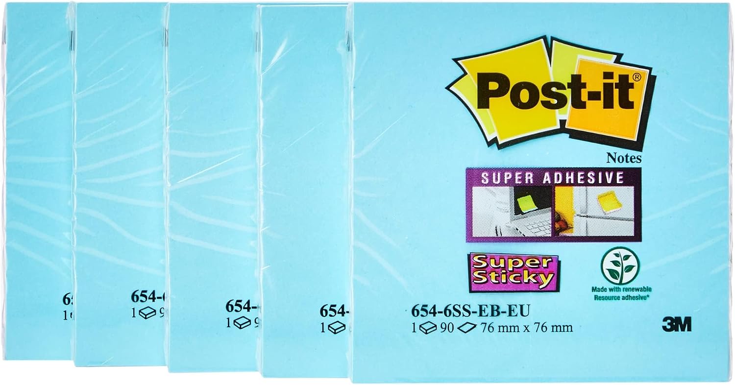 Post-it 654-6SS-EB 76 x 76 mm Super Sticky Notes - Mediterranean Blue (Pack of 6)