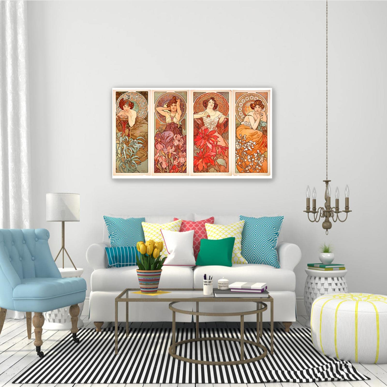 JZSDGB Gerahmt-Reproducciones famosas 'Sirenas besándose, 1982' de Alphonse Mucha Pinturas en lienzo Carteles e impresiones Cuadro de arte de pared para decoración del hogar 20x34cm(8x13in)
