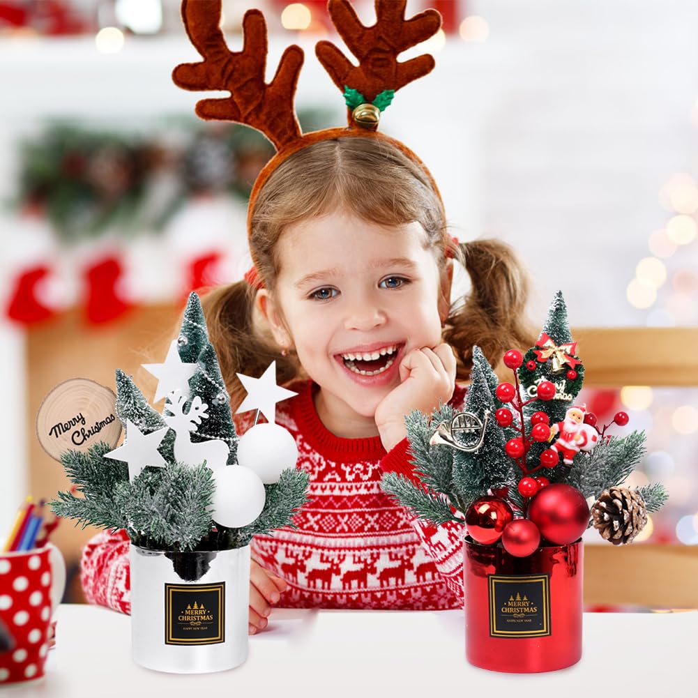 Small Artificial Christmas Tree - Tabletop Decor With Red Berries & Pine Cones, Wood Base, Holiday Mantel Decor