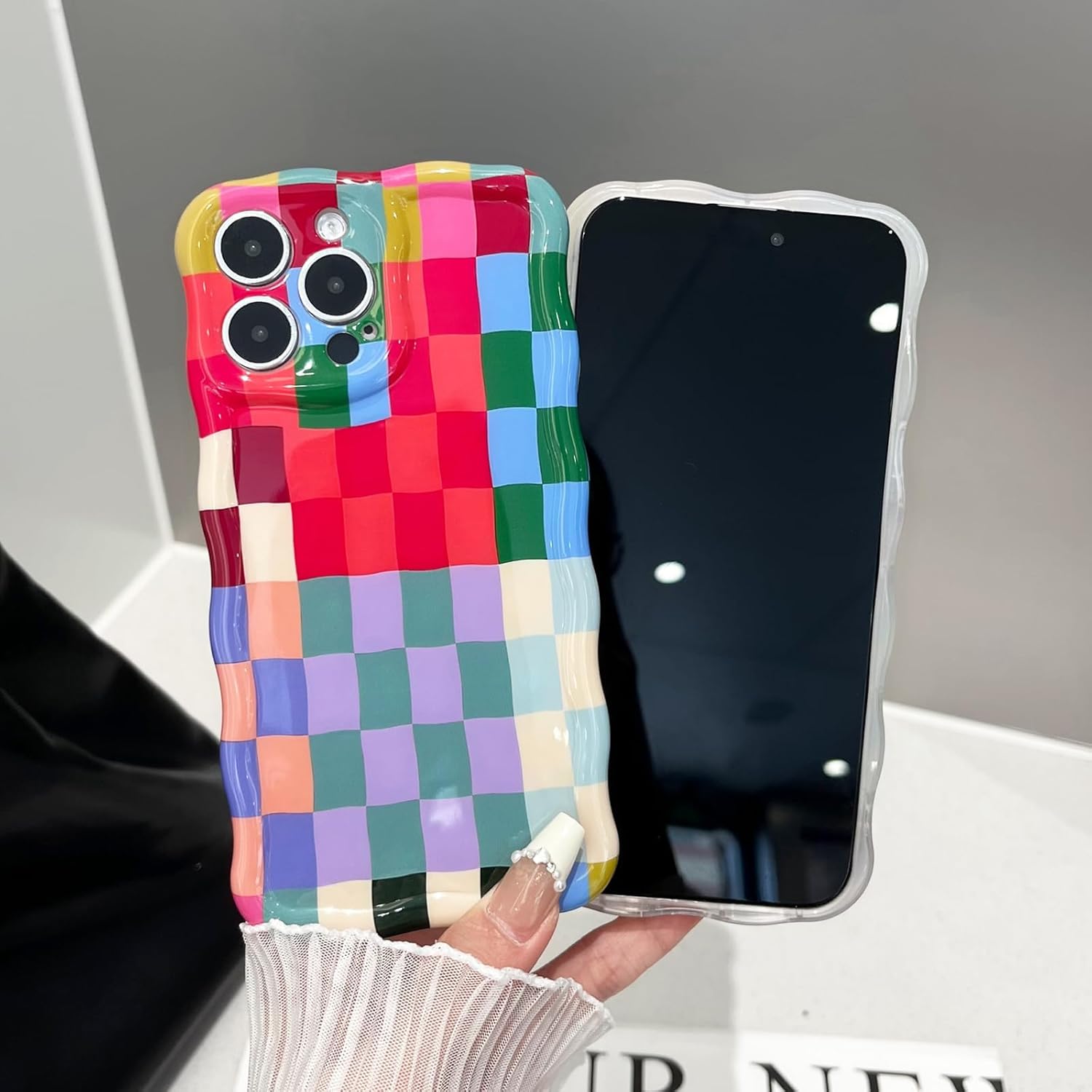 Compatible with iPhone 16 Pro Max Case, Cute Wave Curly Colorful Checkerboard Plaid Phone Case for Women/Men, Soft TPU Shockproof Protection Case Designed for iPhone 16 Pro Max (Colorful 1) - Image 3