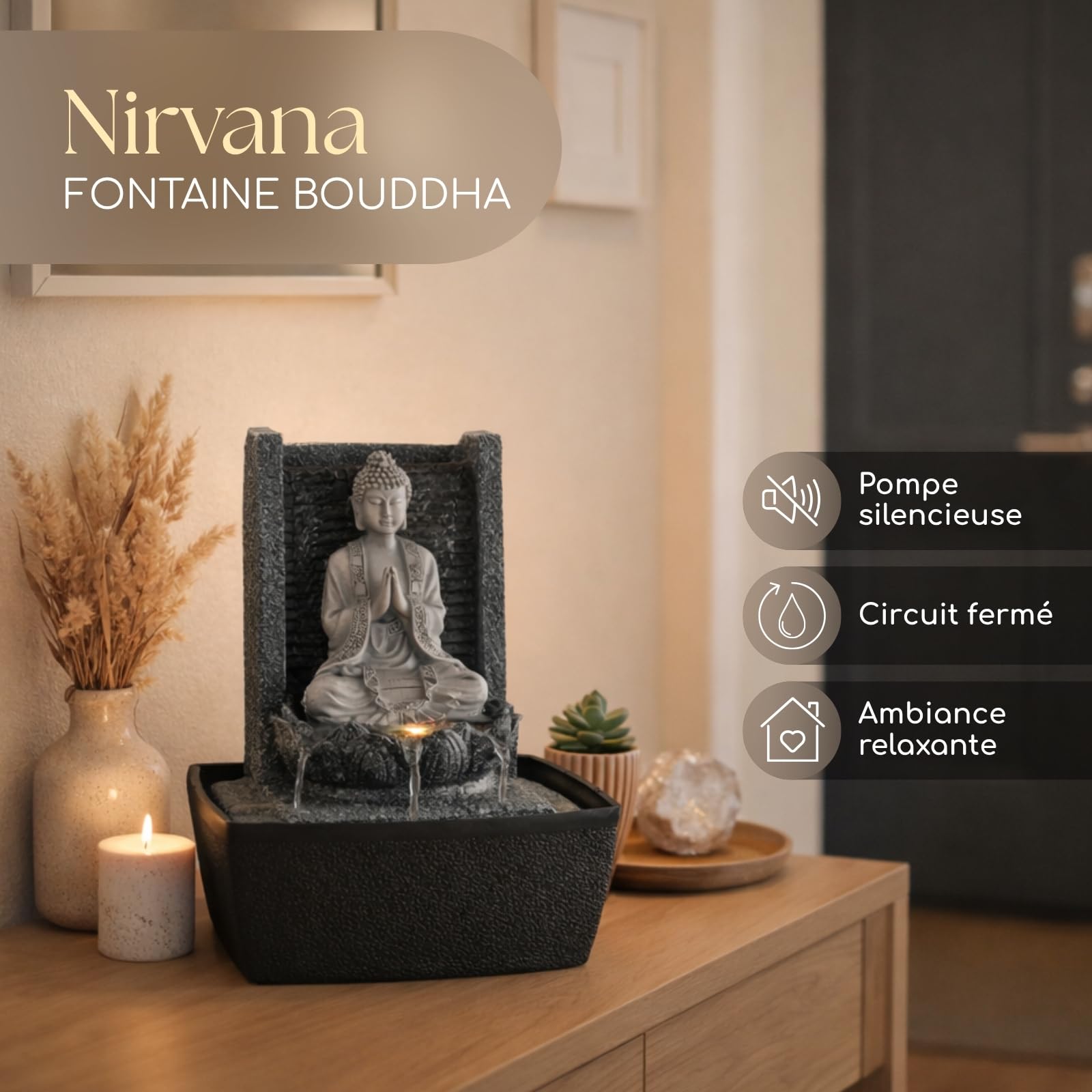 Fontaine d’Intérieur Bouddha Mur d’Eau Cascade Lotus Lumière LED Blanc – Déco Zen Salon Chambre Feng Shui - Fontaine de Table Circuit fermé - Cadeau Utile– H 26cm – Nirvana Zen’Light