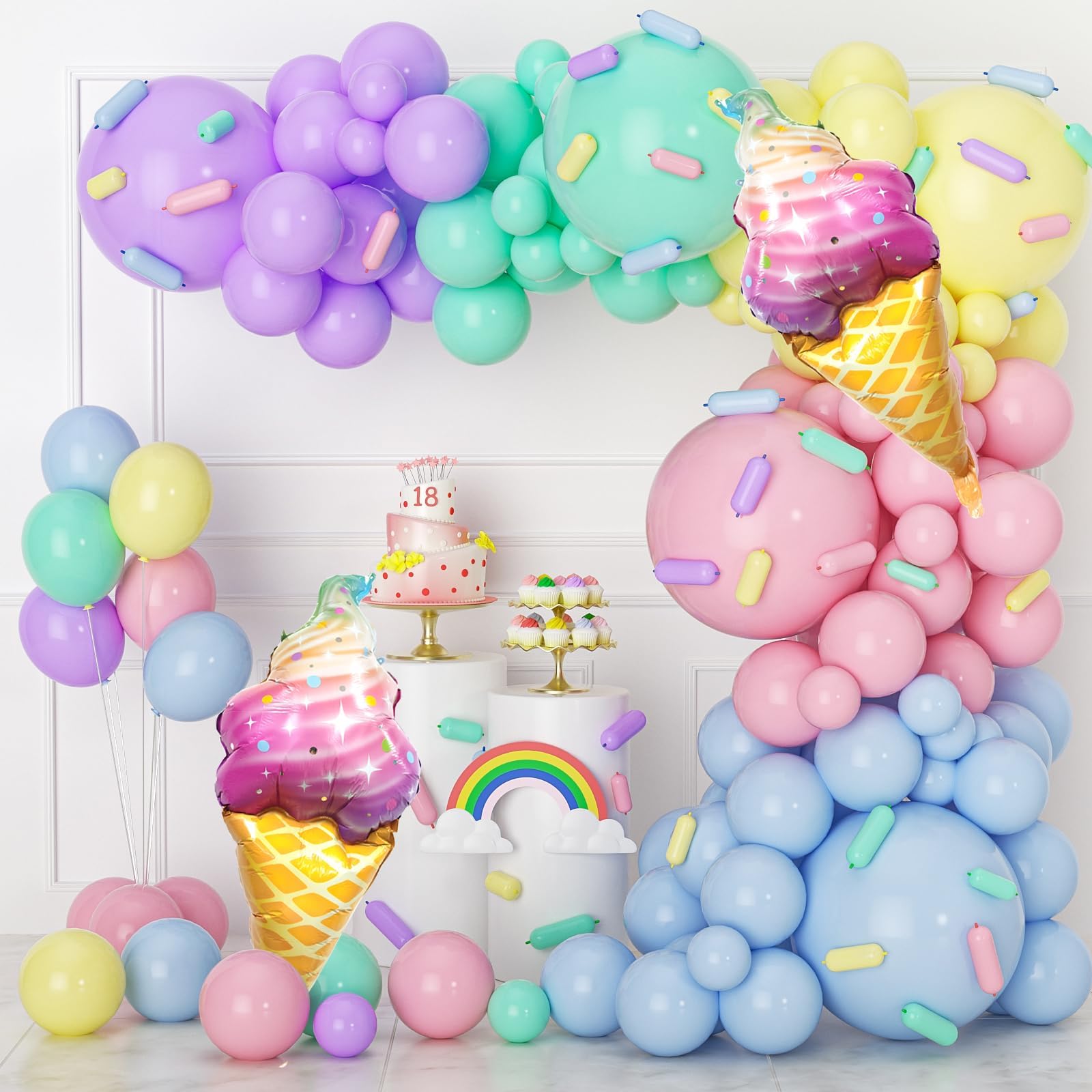 KASTWAVE Pastel Macaron Balloon Kit - 142pcs Rainbow Arch & Ice Cream Foil Balloons for Girls Birthday, Baby Shower & Ice Cream Theme Party Decor