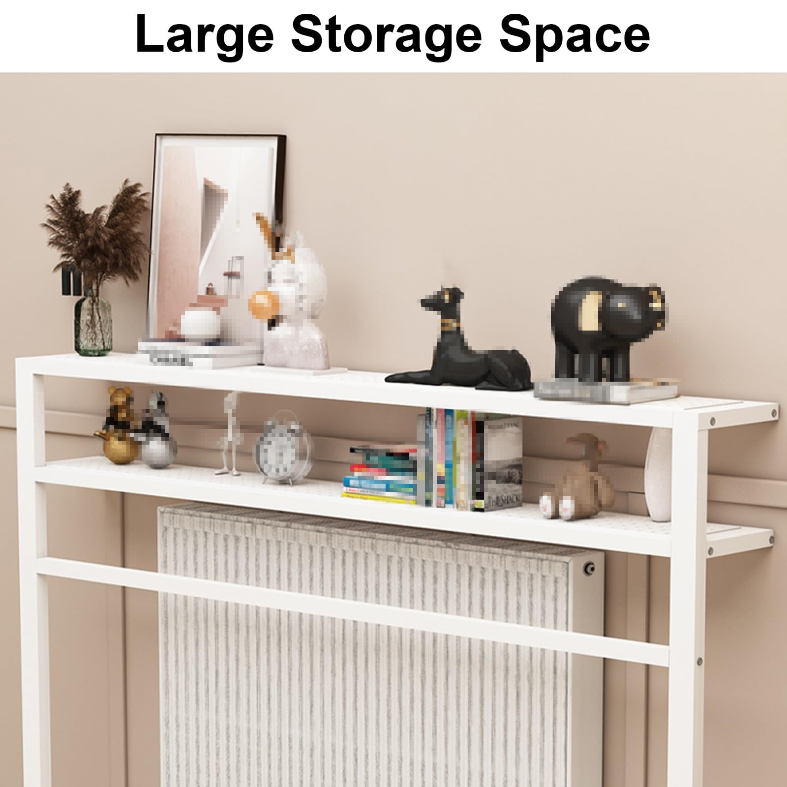 Mesa de cubierta de radiador con estante de almacenamiento, mesa consola de 2 niveles para sala de estar o baño, marco de acero estrecho con barra para ropa