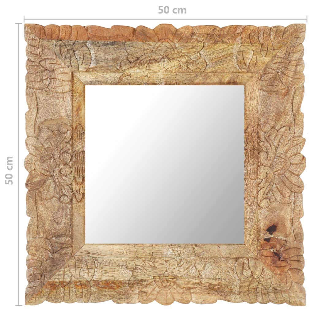 Spiegel aus massivem Mangoholz 50 x 50 cm mit handgeschnitztem Muster, freistehend für Flur Garderobe Schlafzimmer Bad, Deko Wand Spiegel für Make-up und Rasur