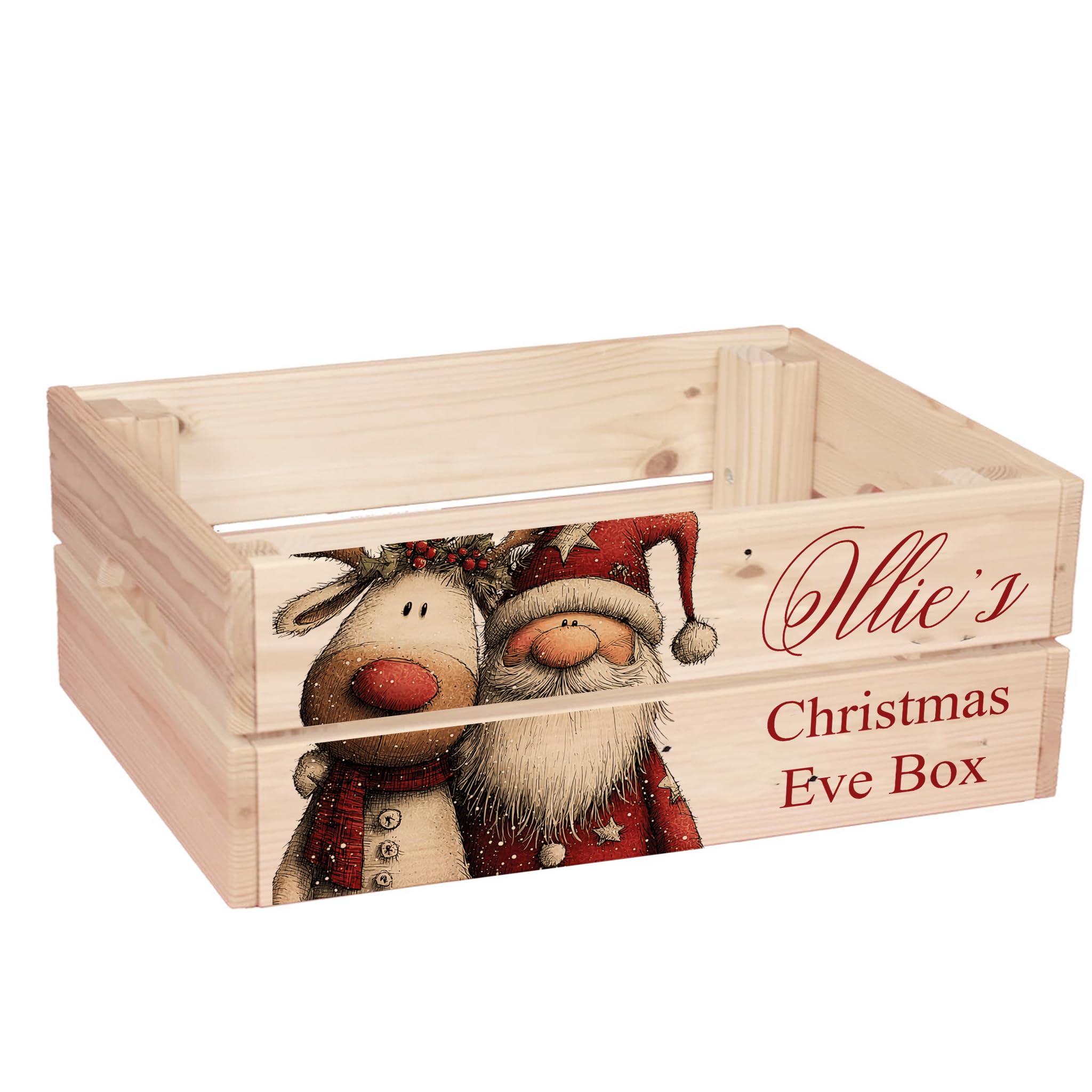 ukgiftstoreonline Personalised Christmas Eve Box with Santa, Trees, Reindeer, Snowman Designs, Wooden Storage Crate, 30.5 x 25 x 12 cm, Holiday Presentation Box with Side Handles (Cuddling) โ image 1