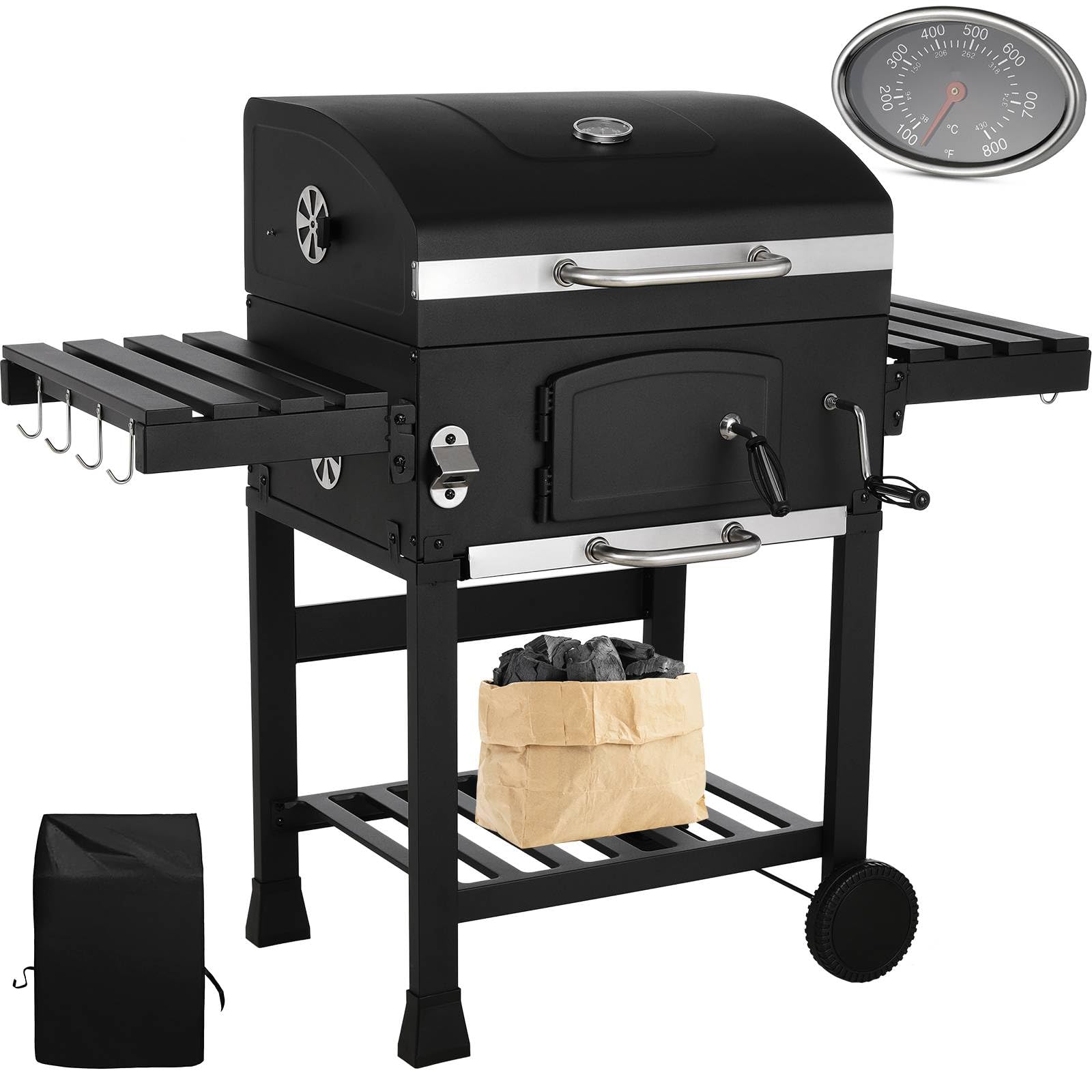 LIFERUN Barbecue Charbon XXL avec Couvercle, Grand Chariot Barbecue avec Housse étanche, Thermomètre, Roues, Cendrier Extractible, Gril Réglable en Hauteur, Fumoir BBQ, Smoker pour Camping et Jardin