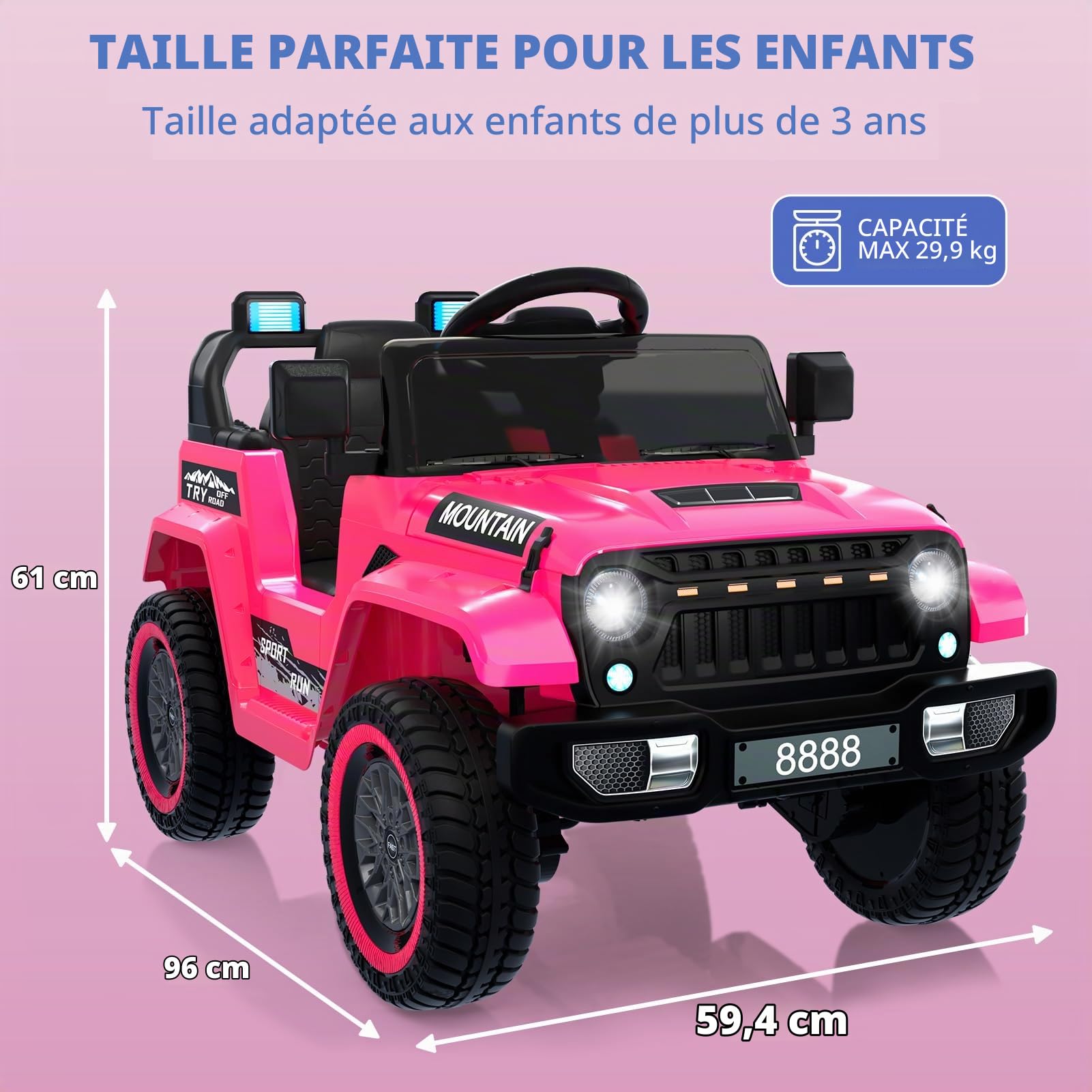 Quad électrique Enfant 1 Places 12v avec Télécommande Parentale,Quad Voiture électrique avec Bluetooth et Phares LED,3 Vitesses Réglables,Véhicule Tout-Terrain pour Enfants 3-8 Ans(Rose)