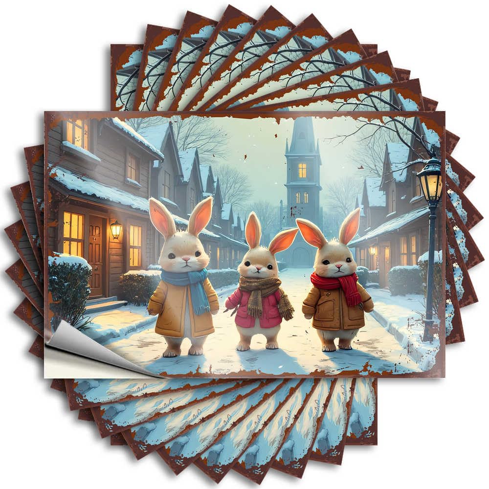 Fzfn Colour Three Winter-Wrapped Bunnies In Cozy Town Decal Home Gifts | Mini Helmet Removable Decal Pack(6X9cm)