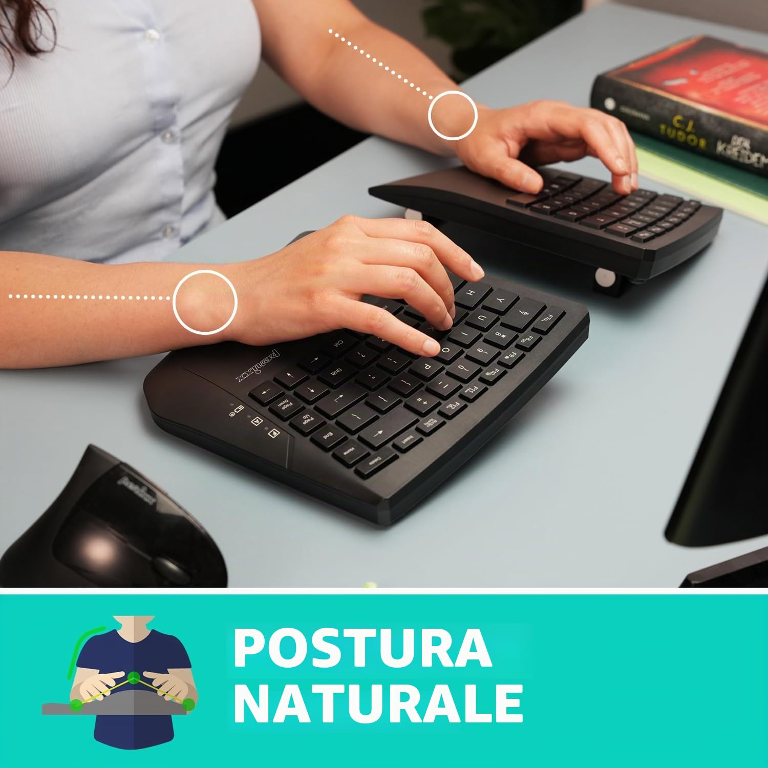 Perixx PERIBOARD-624B - Tastiera ergonomica senza fili, design split, TKL, inclinazione regolabile, layout QWERTZ, colore: Nero